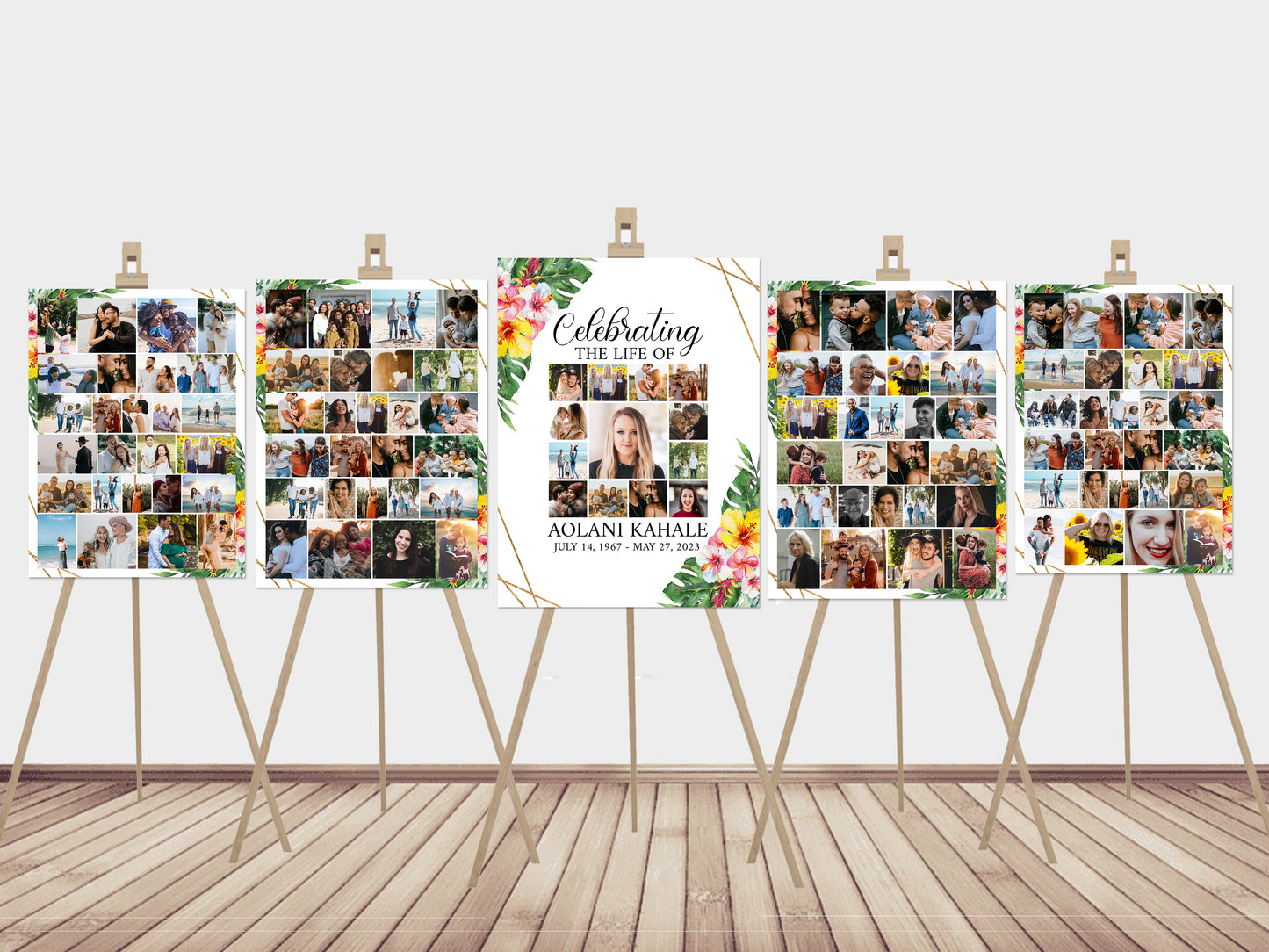 Celebration Of Life Tropical Hawaiian Plumeria 5 Photo Collage Funeral Welcome Sign Set Template, Hawaiian Memorial Sign Funeral Poster Photo Display Set of 5