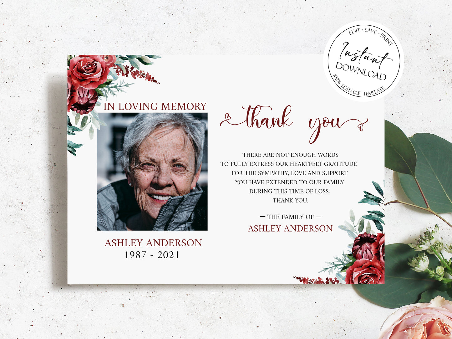 Burgundy Funeral Photo Thank You Cards, Memorial Card, Celebration of life, Printable Red Roses Funeral Photo Thank You Card, Red Sympathy Card P2