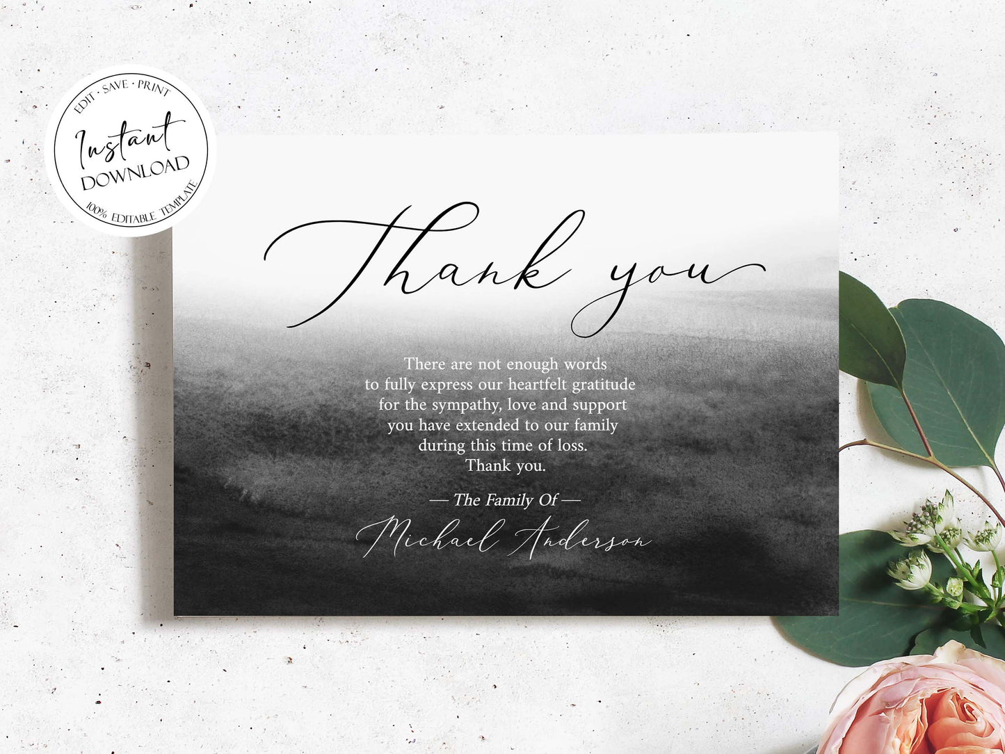 Celebration of life Black Watercolor Funeral Thank You Card Template, Black Memorial Card, Printable Black Funeral Thank You Card Template, Black Sympathy Card