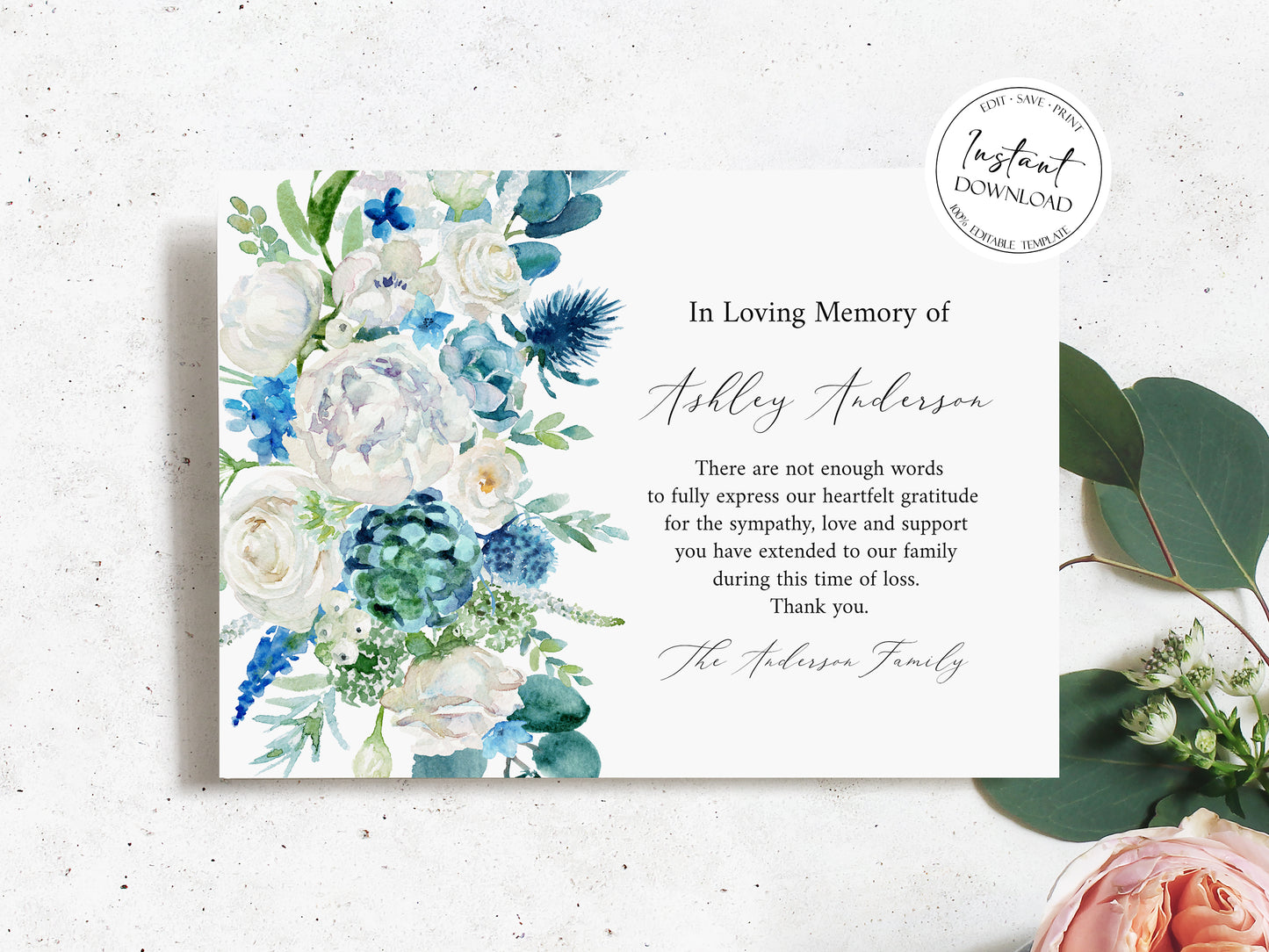 In loving memory Blue White Floral Funeral Thank You Card Template Blue Flowers Funeral Thank You, Printable Memorial Card, Editable Sympathy Card B1
