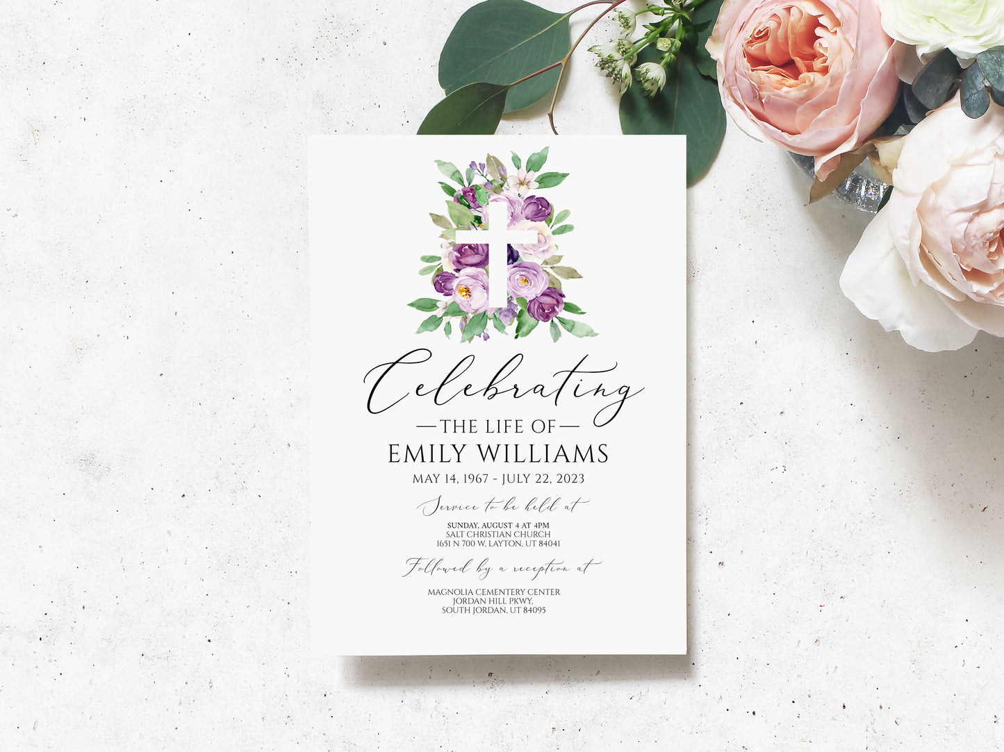 Celebration of life Invitation, Purple Flower Cross Funeral Invitation, Purple Funeral Announcement Card Template Memorial Service Invite P1