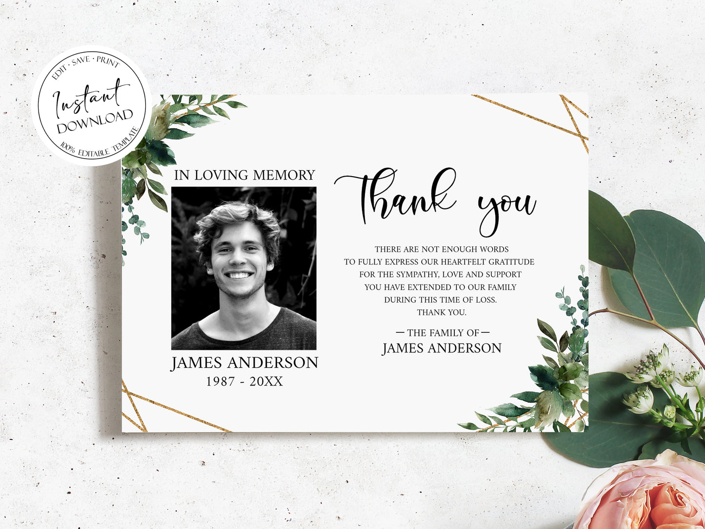 Celebration of life Watercolor Greenery Gold Funeral Photo Thank You Card Template Q1