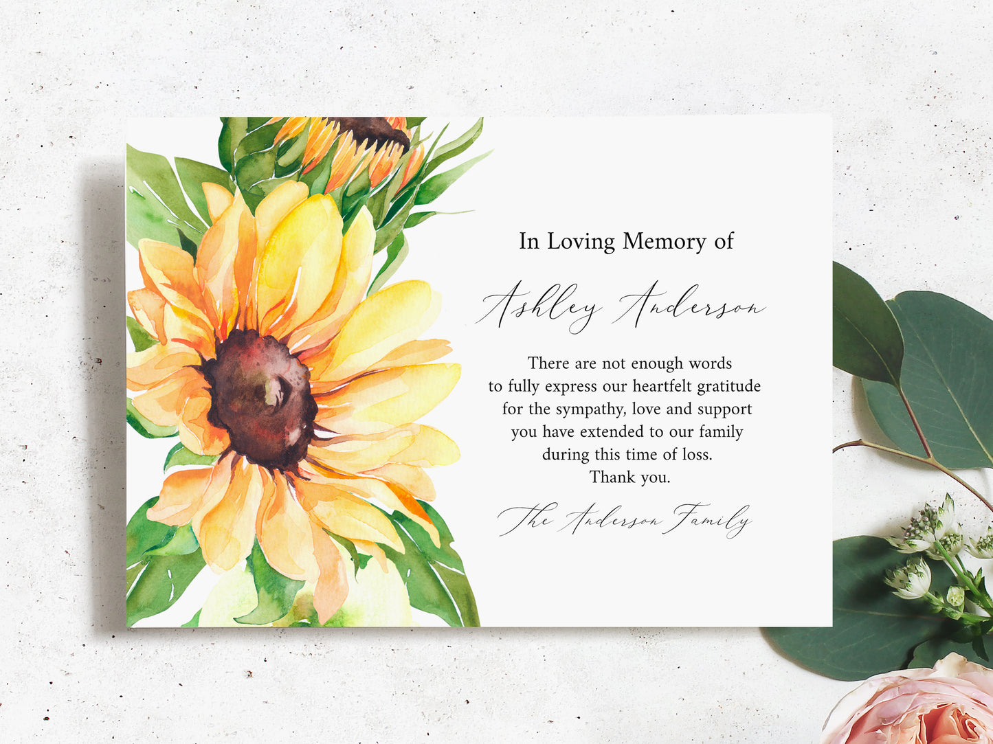 Celebration of life Sunflower Funeral Thank you Card Template , Editable Sunflower In Loving Memory Of Card, Sympathy Thank you Card, Printable Sunflower Memorial Thank You Card