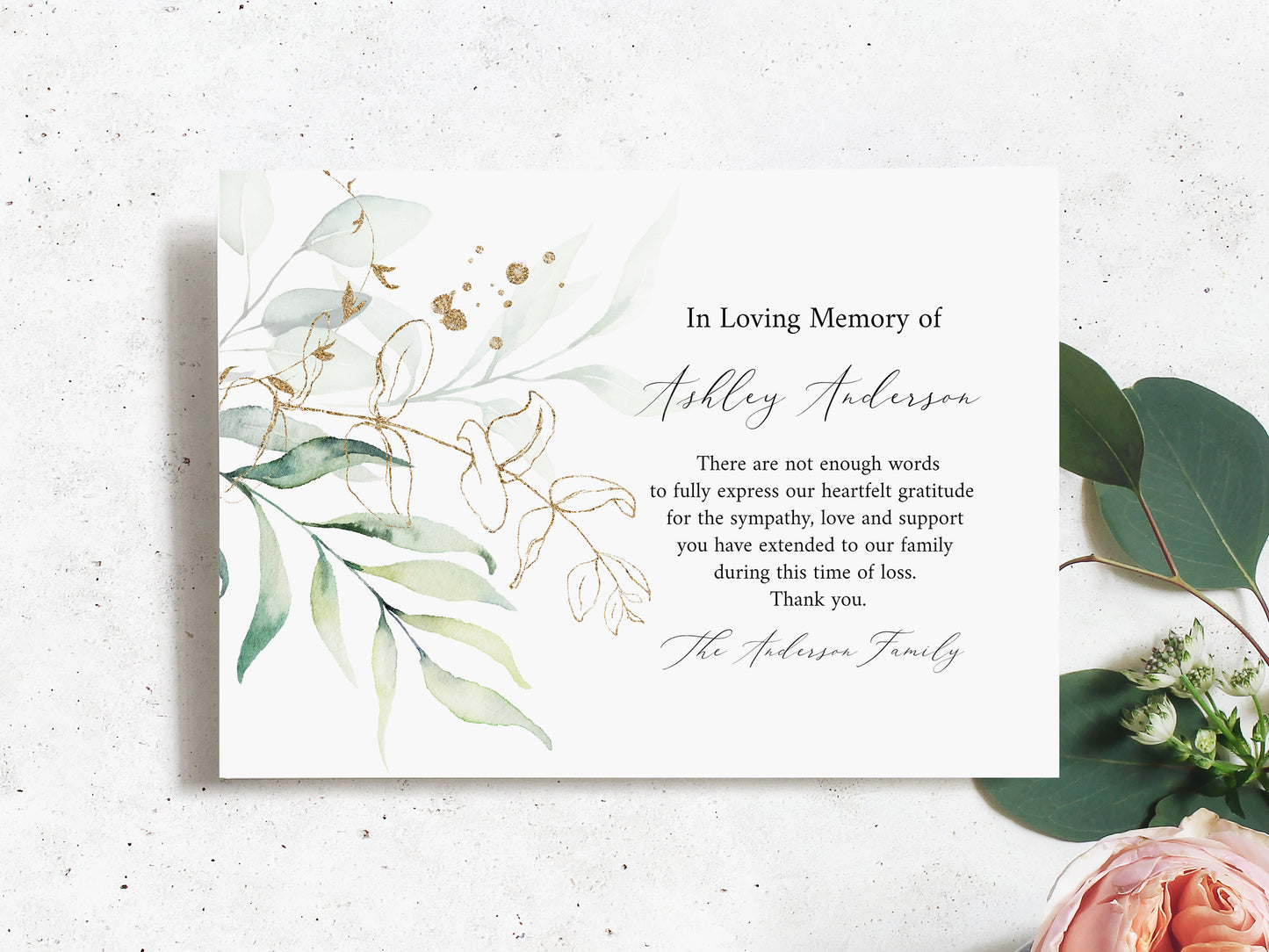In Loving Memory Watercolor Greenery Gold Funeral Thank You Card Template , Memorial Thank you, Printable Editable Sympathy Card Condolence thank G1