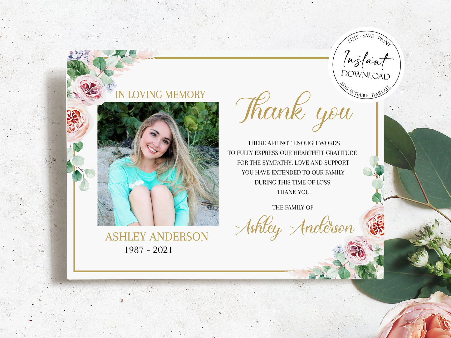 Pink Roses Funeral Thank You Cards, Celebration of life Funeral Photo Thank You Card, Memorial Thank You Cards, Editable Sympathy Card P4