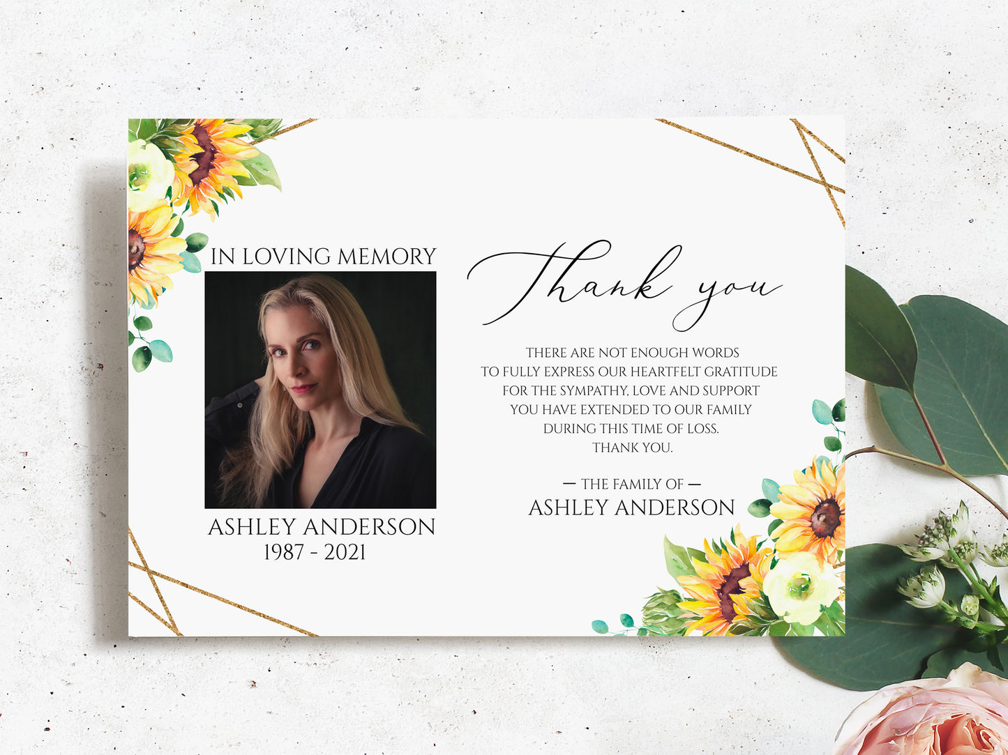 Celebration of life Sunflower Photo Funeral Thank you Card Template, Editable Sunflower Sympathy Thank you Card, Printable Memorial Thank You Card Template