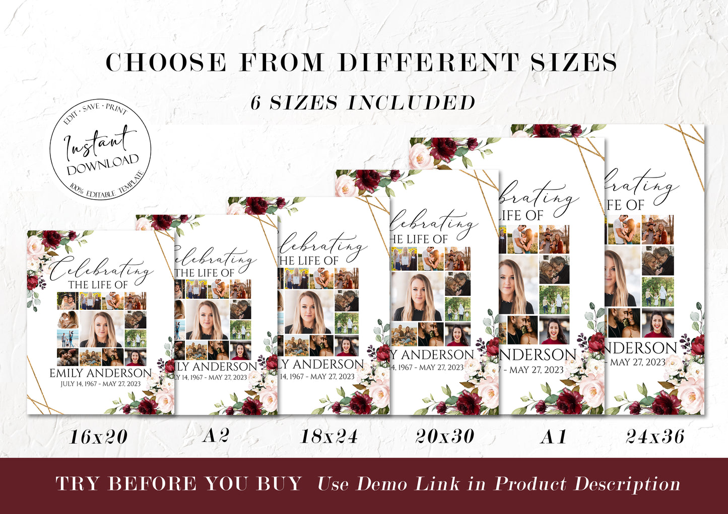 Celebration Of Life Roses Photo Collage Funeral Welcome Sign, Red Roses Photo Collage Funeral Poster, Photo Collage Memorial Service Sign R1