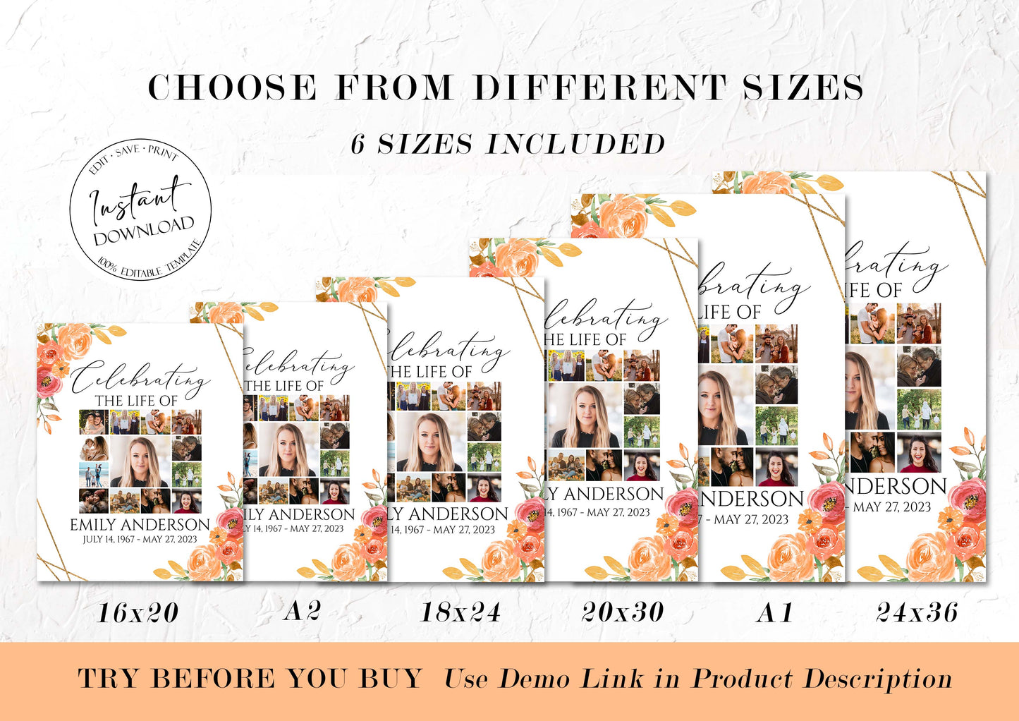Celebration Of Life Orange Floral Gold Fall Photo Collage Funeral Welcome Sign Template, Fall Photo Collage Funeral Poster, Autumn Photo Collage Memorial Sign