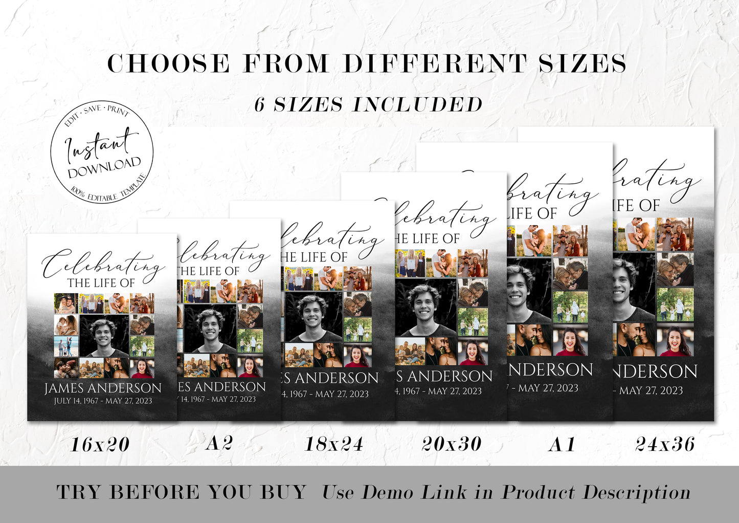 Celebration Of Life Black Watercolor Photo Collage Funeral Welcome Sign Template, Black Photo Collage Funeral Poster Black Photo Collage Memorial Sign B6