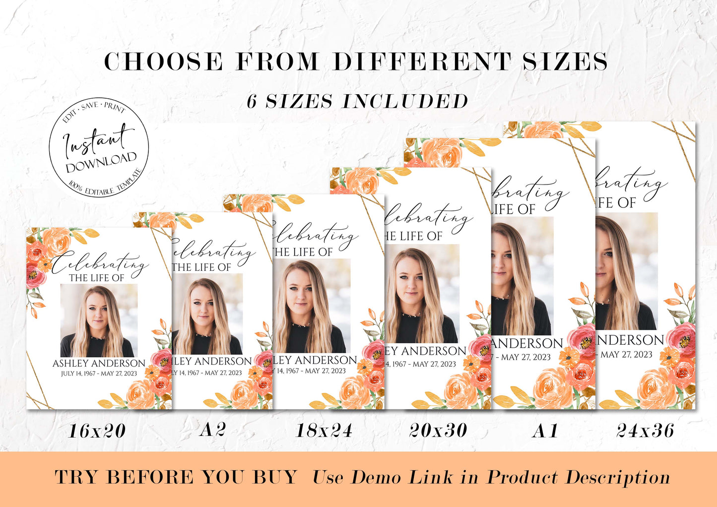Celebration Of Life Orange Floral Gold Fall Funeral Welcome Sign Template, Fall Funeral Welcome Sign, Orange Fall Memorial Sign, Autumn Funeral Welcome Sign