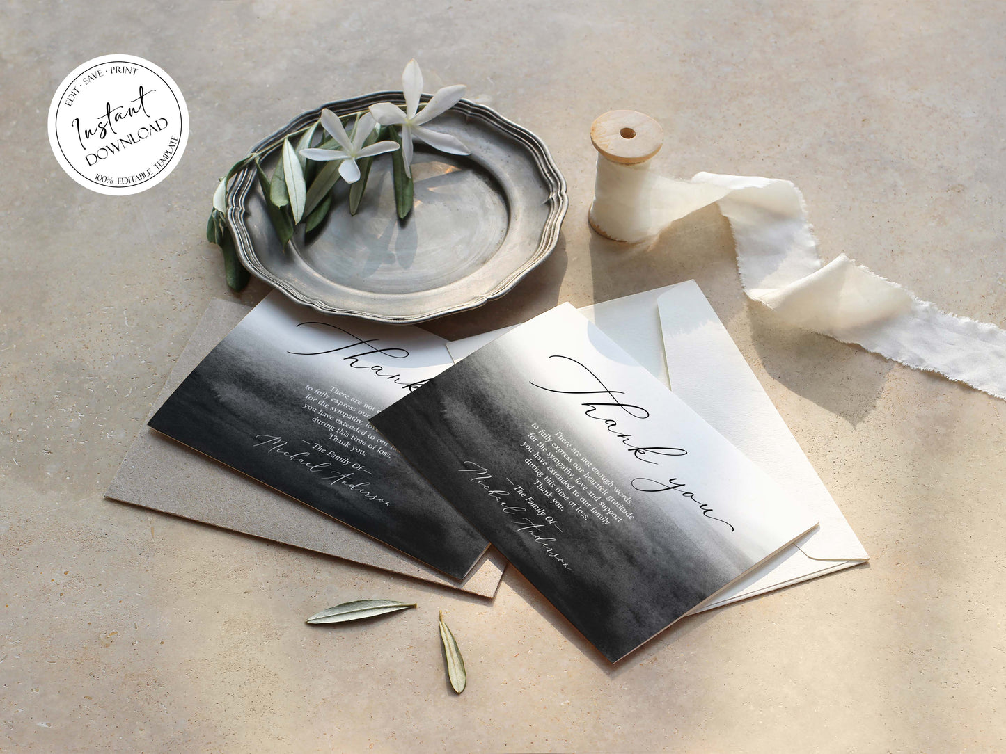 Celebration of life Black Watercolor Funeral Thank You Card Template, Black Memorial Card, Printable Black Funeral Thank You Card Template, Black Sympathy Card