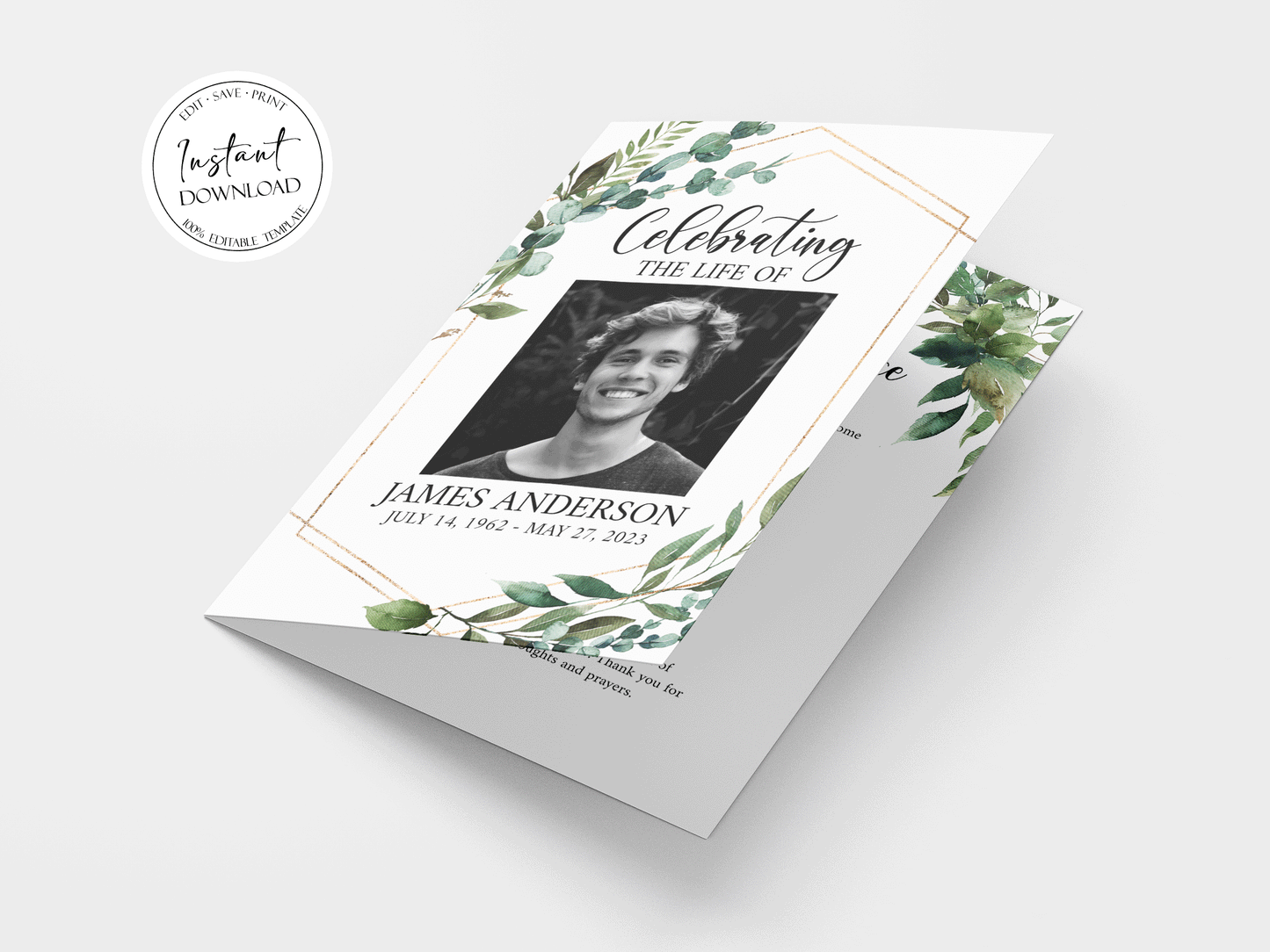 Celebration of life Watercolor Greenery Gold Funeral Program Template, Funeral Brochure, Greenery Gold Memorial Program, Obituary Program Q1