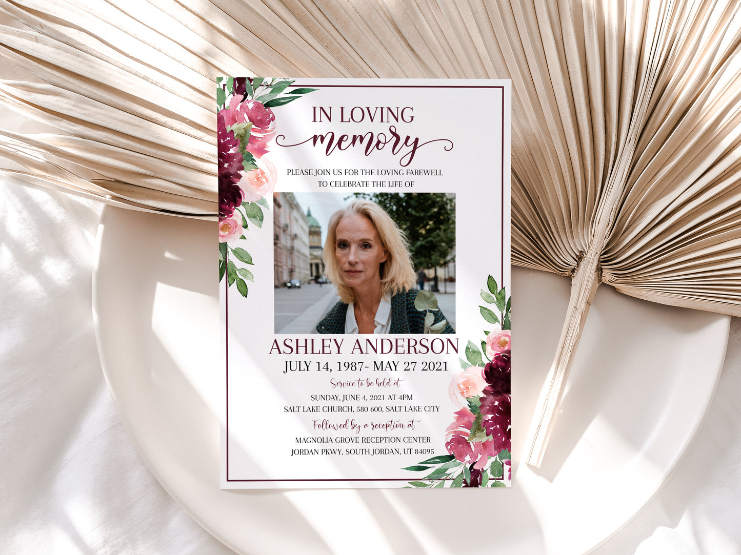 Celebration of life, Burgundy Funeral Invitation, Funeral Announcement, Red Roses Funeral Cards, Printable Red Roses Memorial Invitation, R3