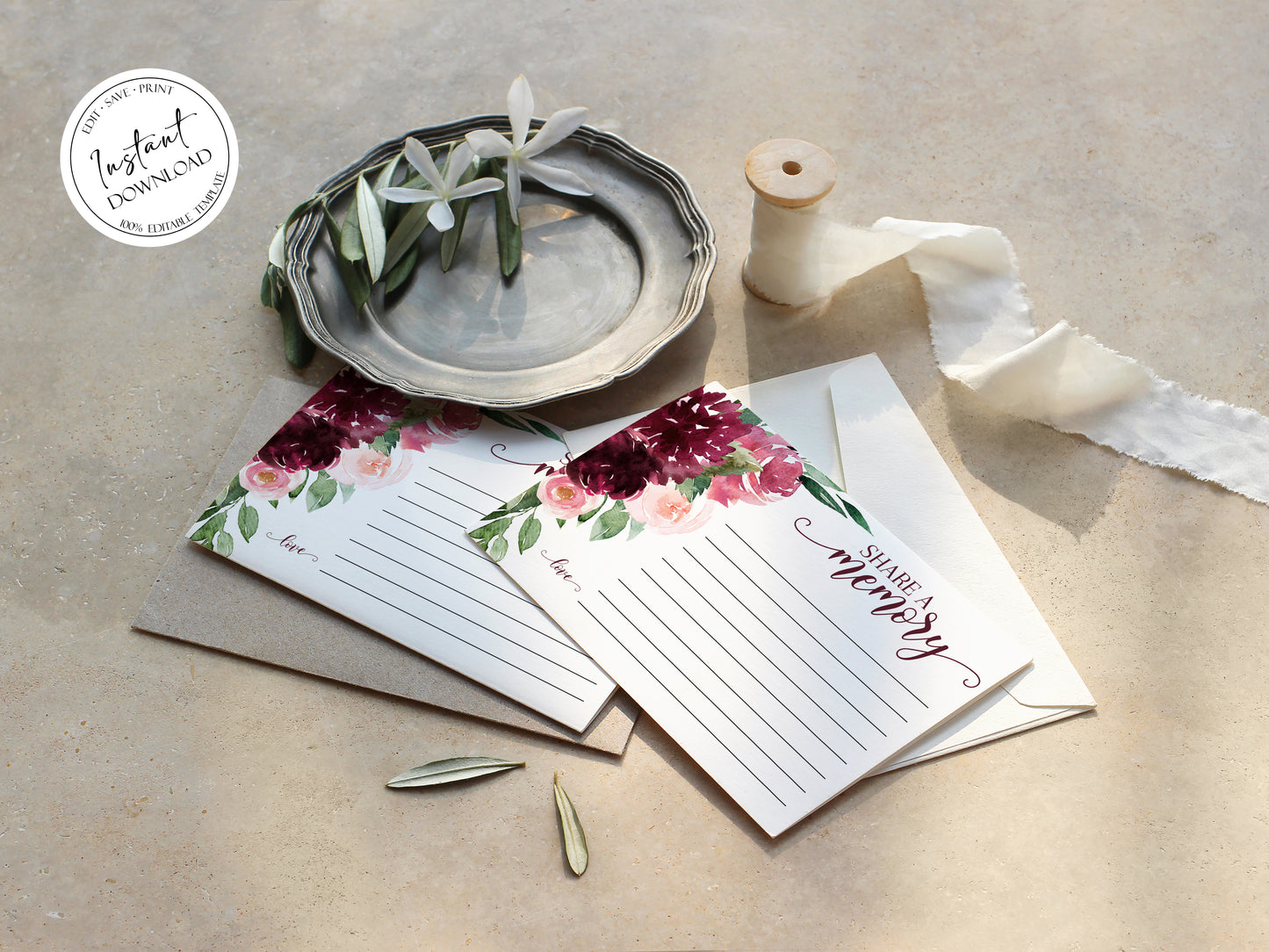 Red Roses Share a Memory Funeral Sign, Share a Memory Card, Red Roses Funeral Memory Card, Editable Funeral Share a Memory Cards Template R3