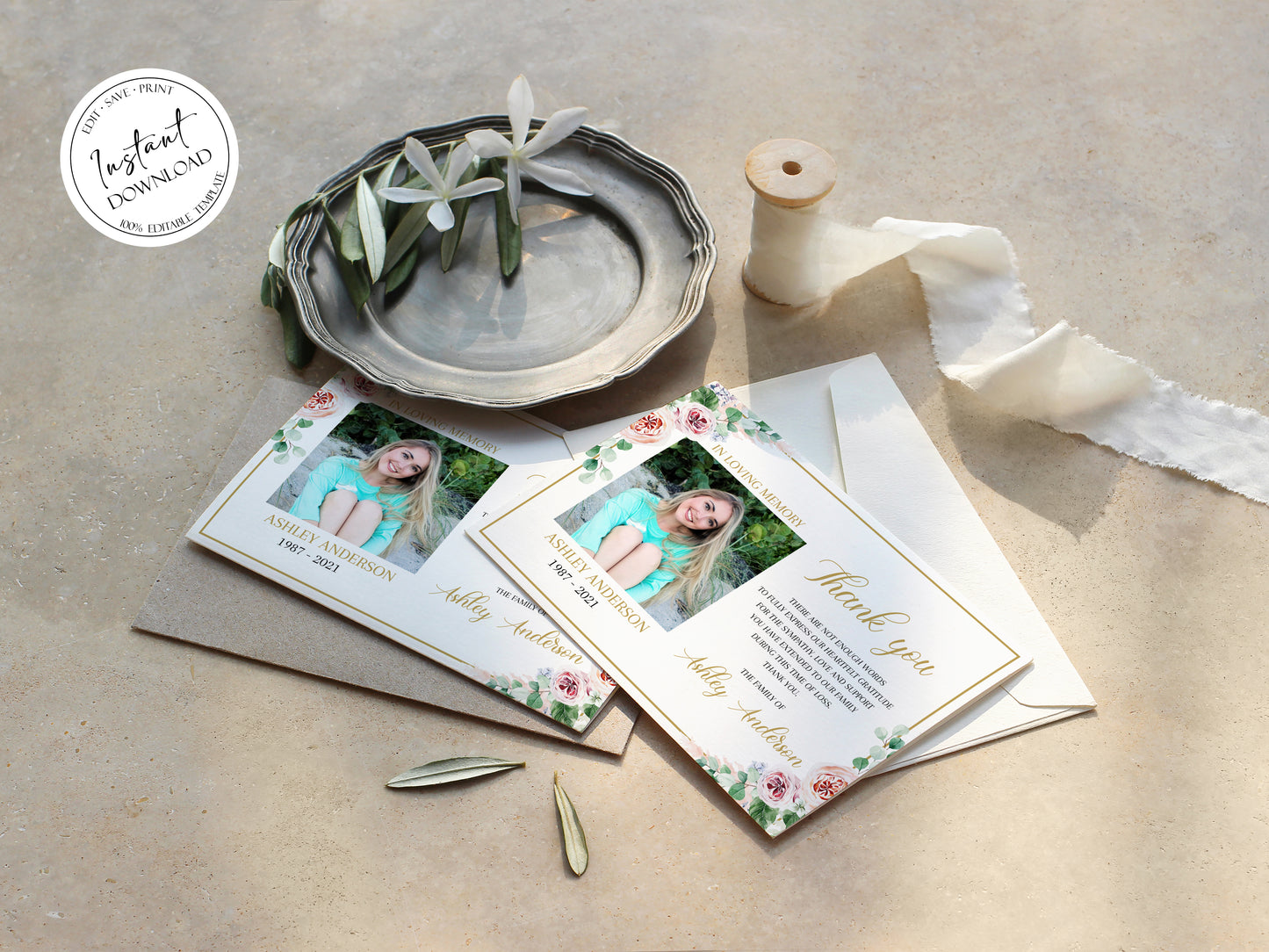 Pink Roses Funeral Thank You Cards, Celebration of life Funeral Photo Thank You Card, Memorial Thank You Cards, Editable Sympathy Card P4