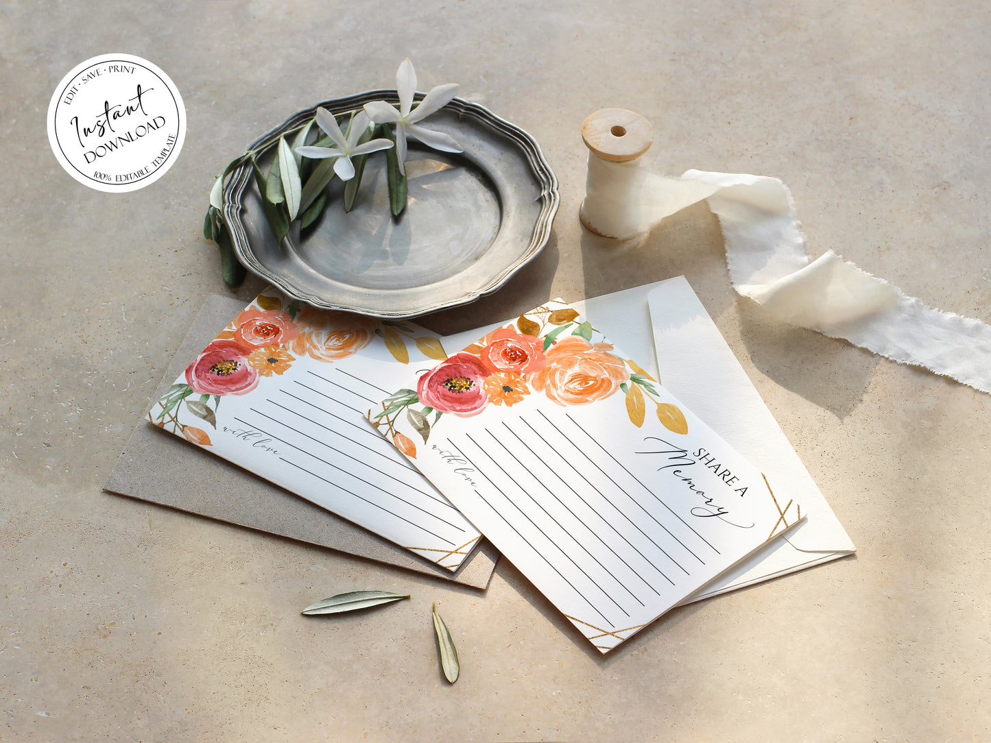 Orange Floral Gold Fall Share a Memory Funeral Sign and Share a Memory Card Template, Fall Funeral Memory Card, Autumn Funeral share a memory Fall Funeral