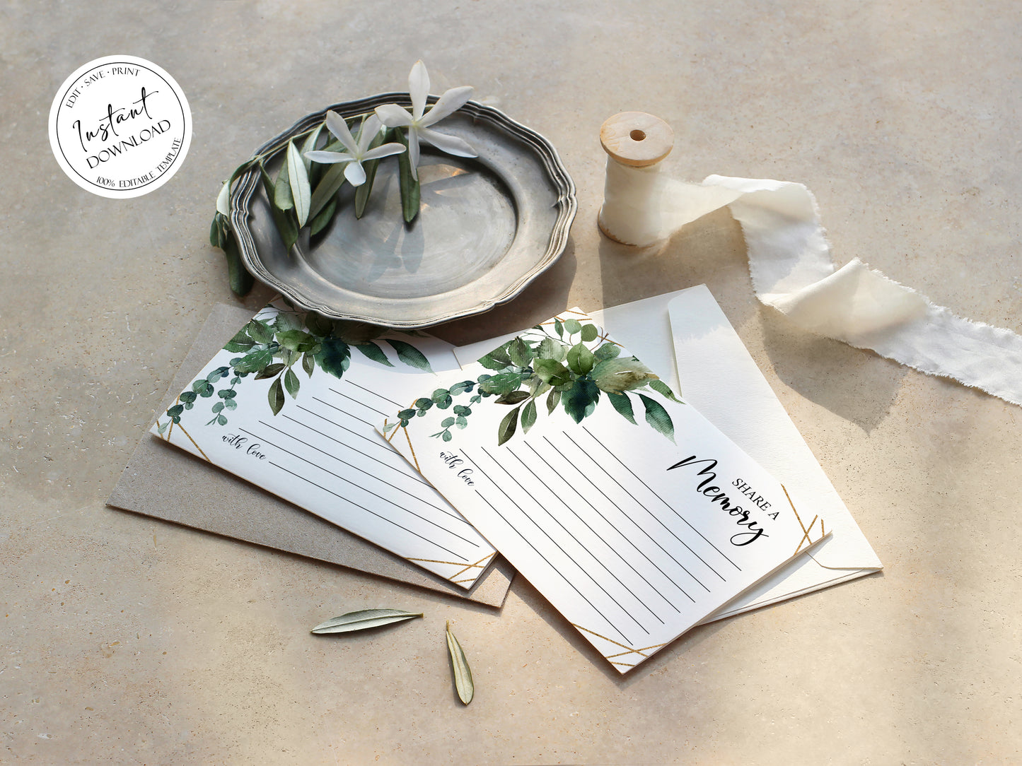 Watercolor Greenery Gold Share a Memory Funeral Sign Share a Memory Card Template, Greenery Gold Share a Memory Card, Greenery Gold Memory Card Q1