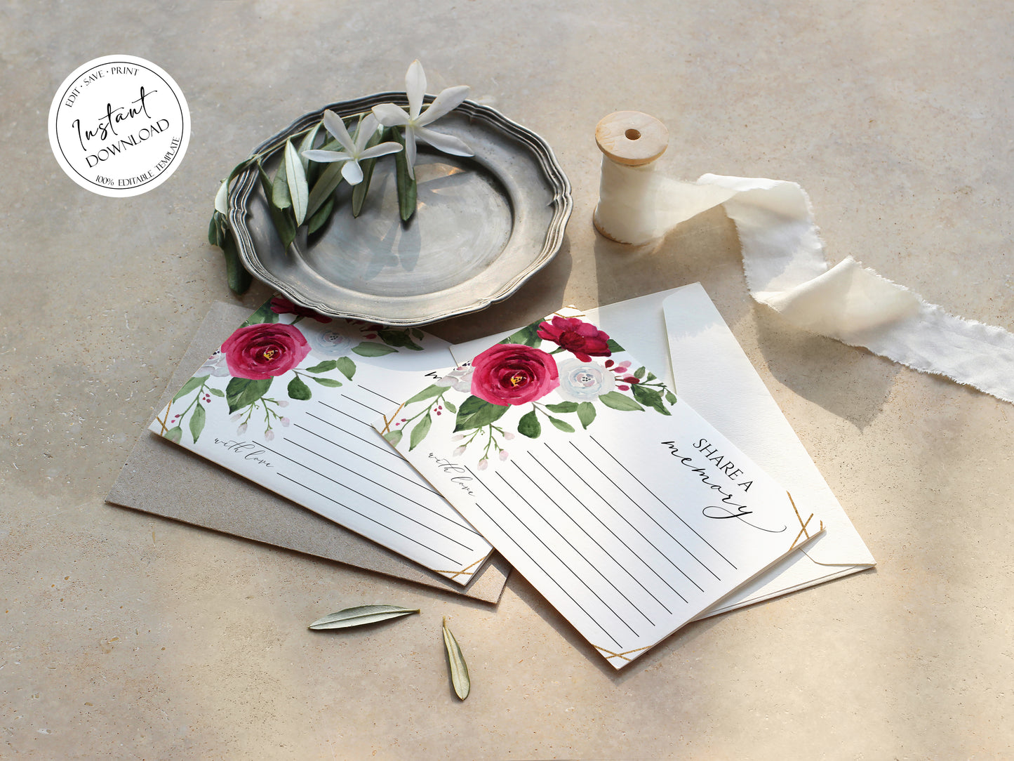 White Pink Roses Share a Memory Funeral Sign and Share a Memory Card Template, White Pink Roses Funeral Memory Cards, Editable Funeral Share a Memory Cards P2
