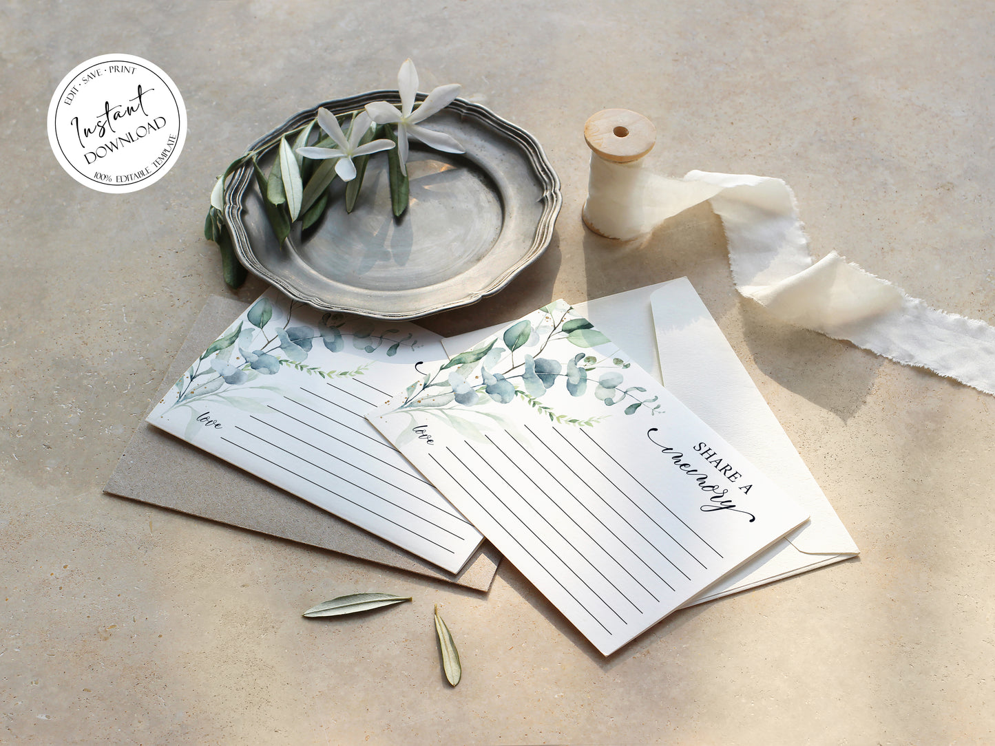 Watercolor Greenery Gold Share a Memory Funeral Sign Share a Memory Card Template Greenery Funeral Memory Card, Editable Greenery Funeral Share a Memory Cards G1