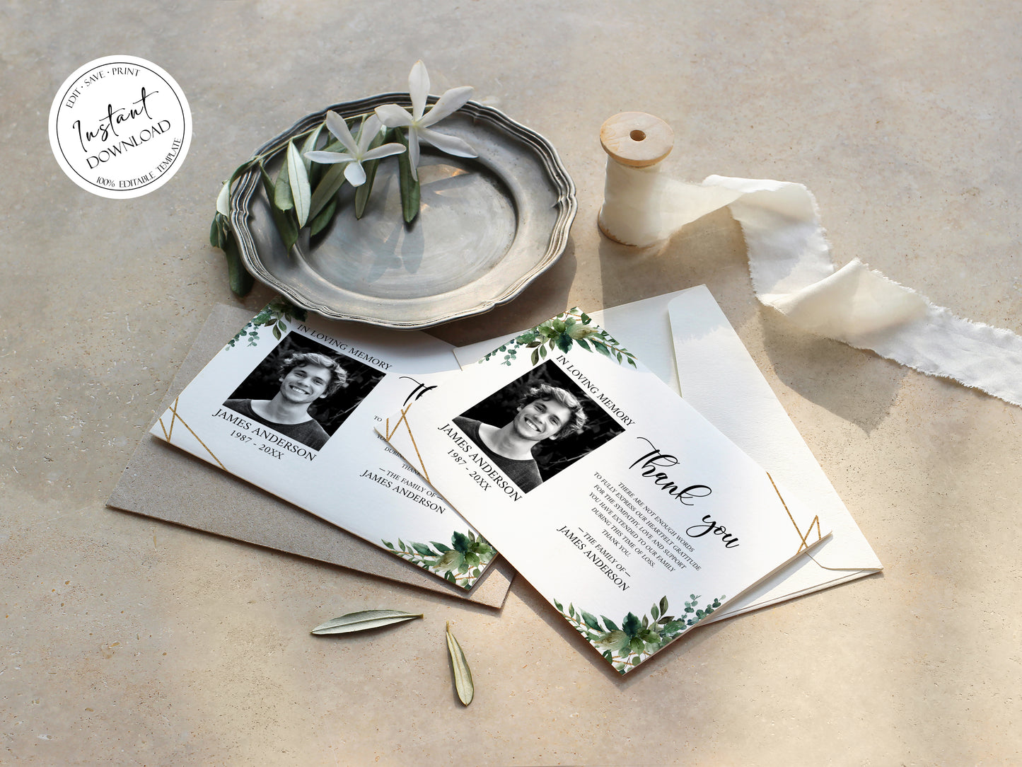 Celebration of life Watercolor Greenery Gold Funeral Photo Thank You Card Template Q1
