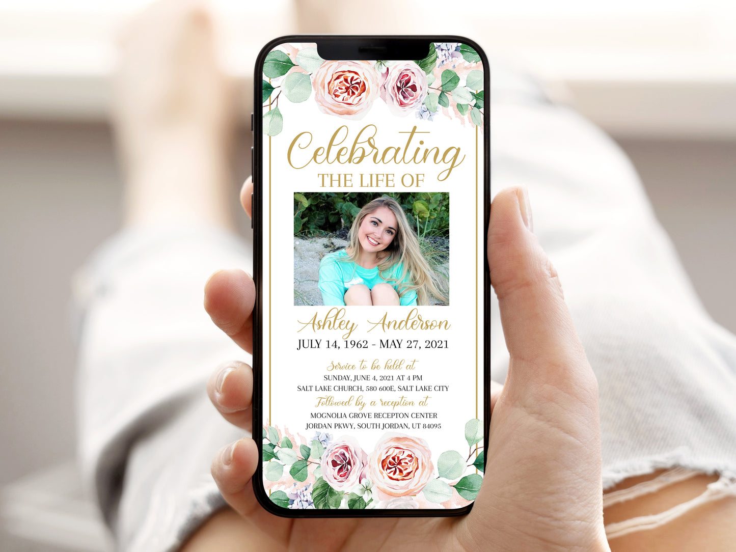 Celebration of life Digital Funeral Invitation, Blush Pink Roses Funeral Evite, Electronic Funeral Invite, Digital Memorial Invitation F1