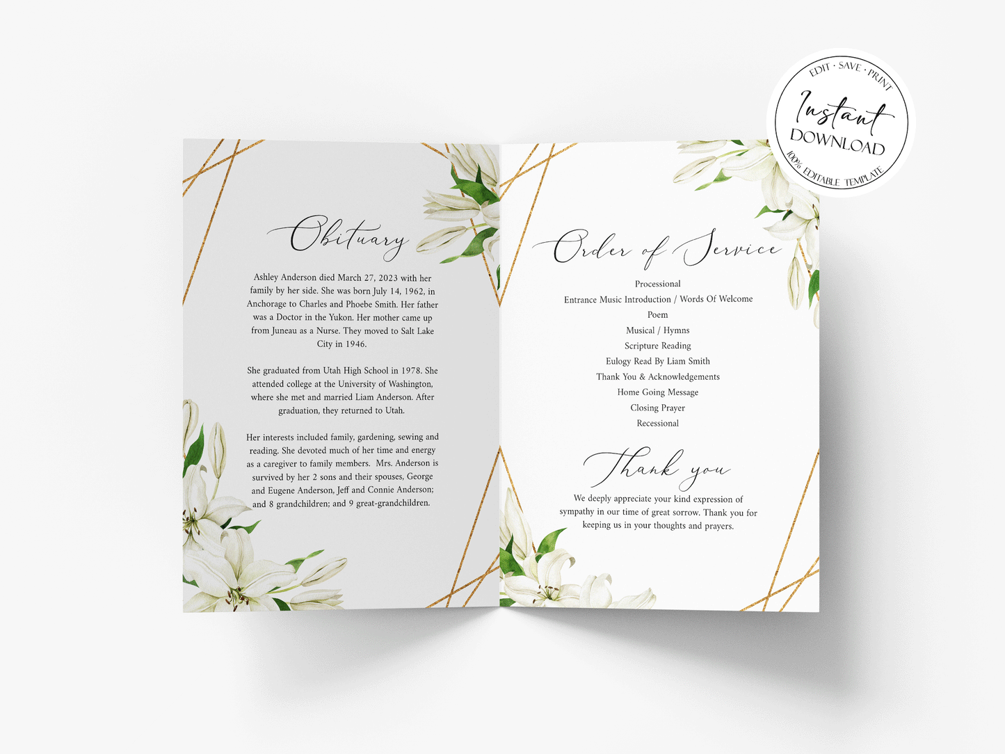 11x17 Celebration of Life White Lilies Greenery Funeral Program Template, White Floral Memorial Program, Obituary Program, White Lilies Greenery Funeral Mass Program