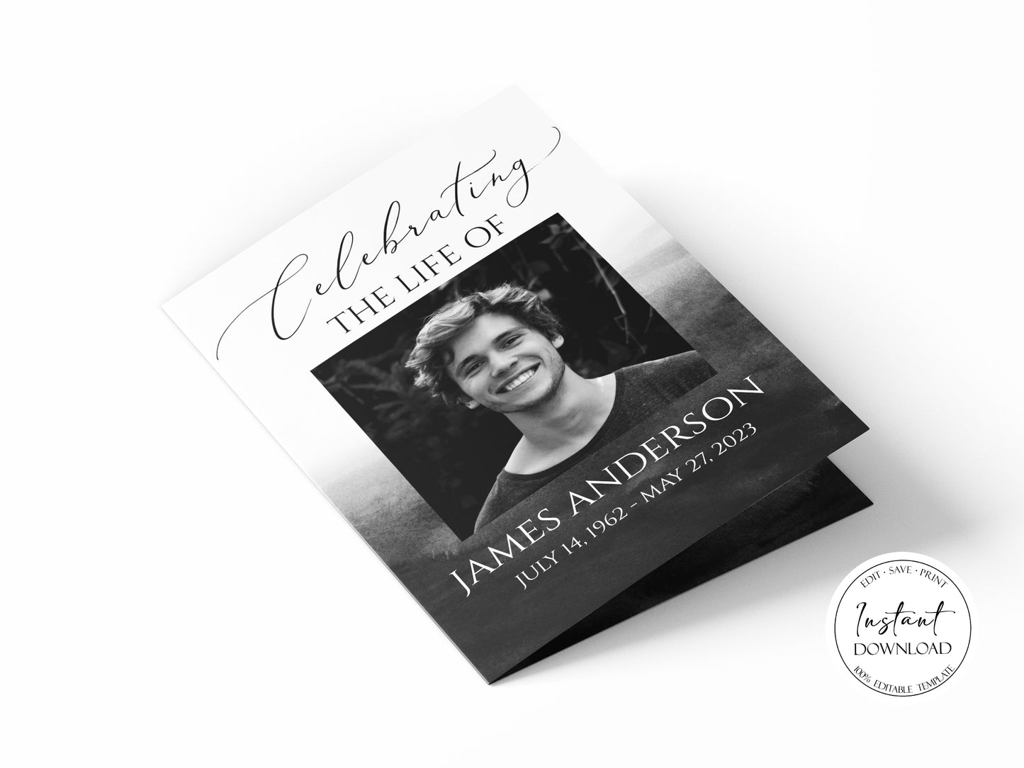 Celebration of Life Black Watercolor Funeral Program Template, Black Watercolor Funeral Brochure, Black Memorial Program, Black Obituary Program for men B6