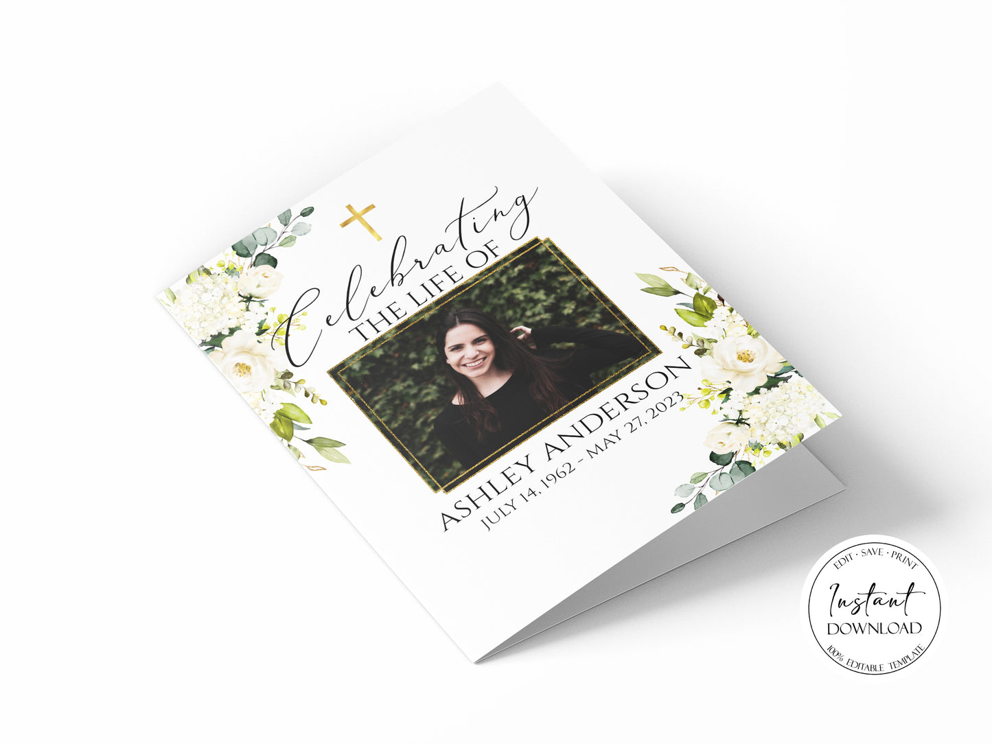 11x17 Celebration of Life White Greenery Floral Gold Cross Funeral Program Template, White Greenery Funeral Memorial Program, Printable Gold Cross Funeral Program for woman