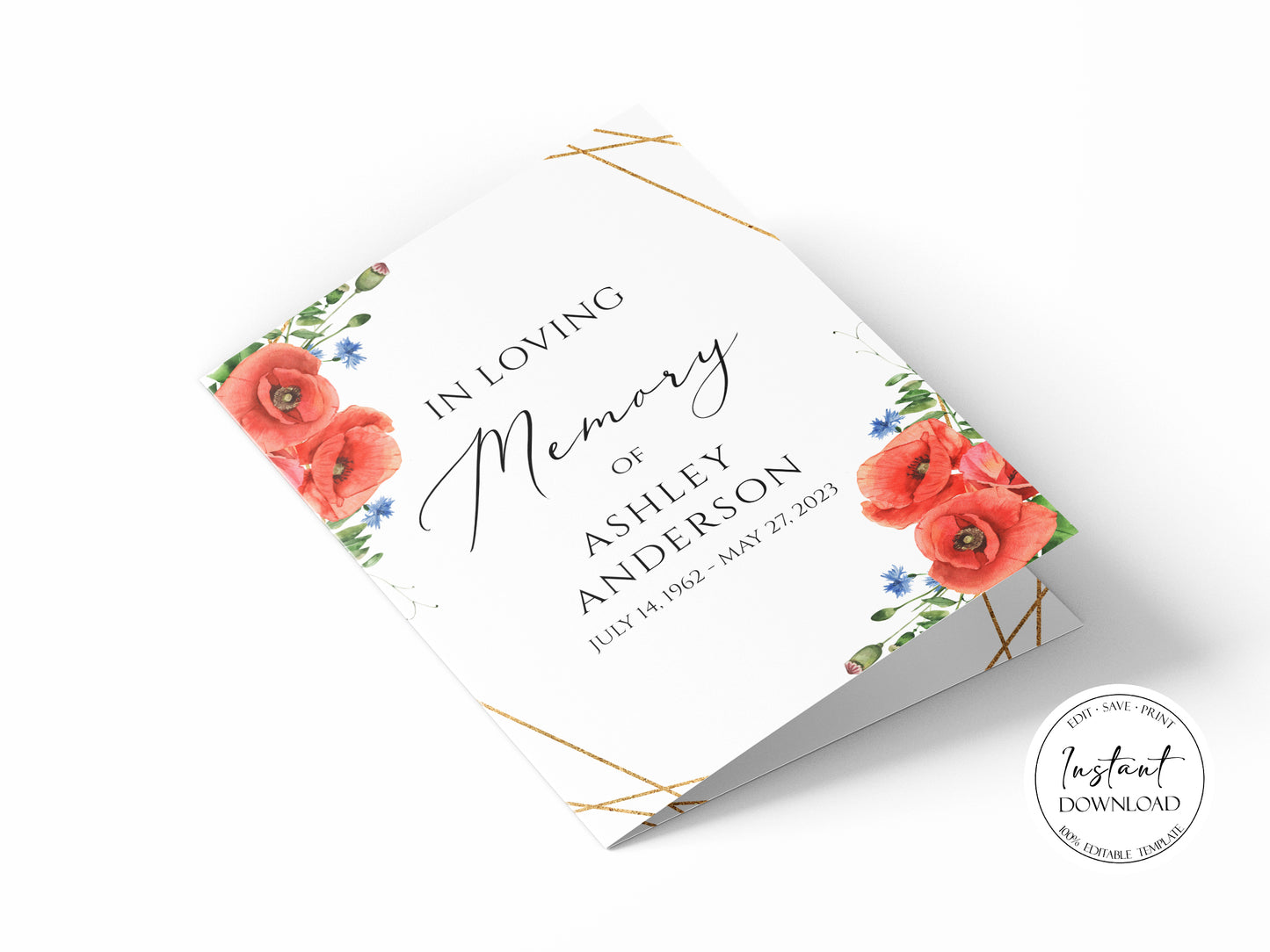 In Loving Memory of Red Poppies Greenery Funeral Program Template, Red Poppies Funeral Program Template, Red Poppies Memorial Program, Obituary Program
