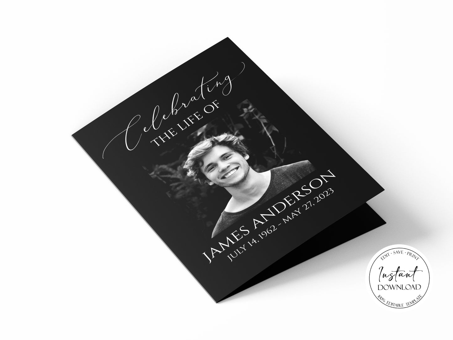 11x17 Celebration of Life Minimalist Elegant Black Funeral Program Template B