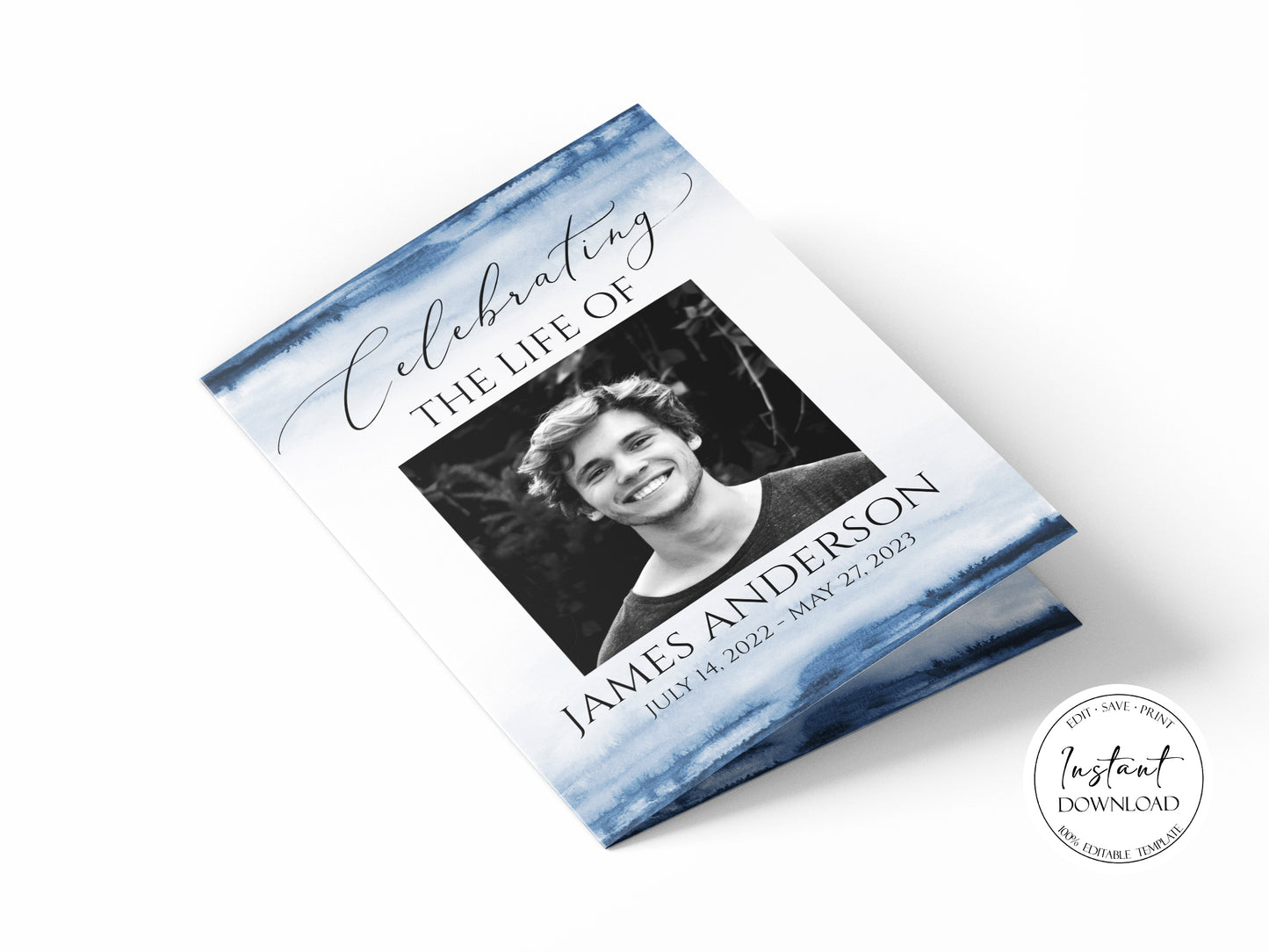 11x17 Celebration of Life Funeral Program Template, Blue Watercolor Funeral Brochure, Blue Memorial Program, Obituary Program for men B4