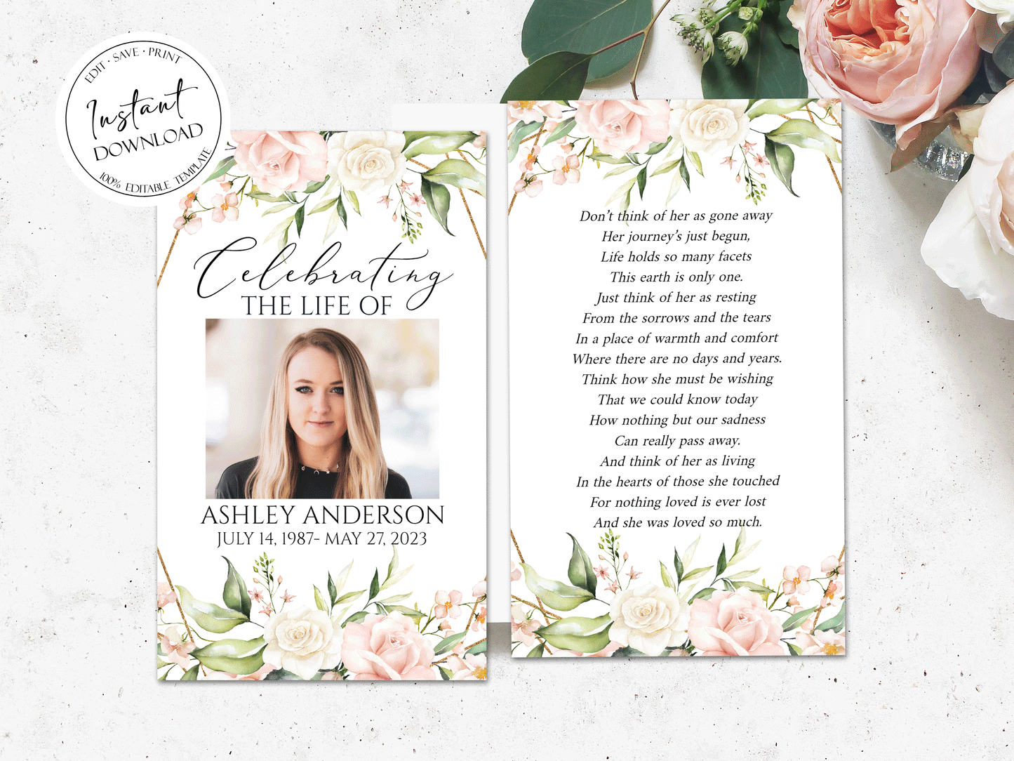 Editable Pink Roses Funeral Prayer Card Template, Printable Memorial Prayer Card Template, Blush Funeral Prayer Card, Catholic Mass Card