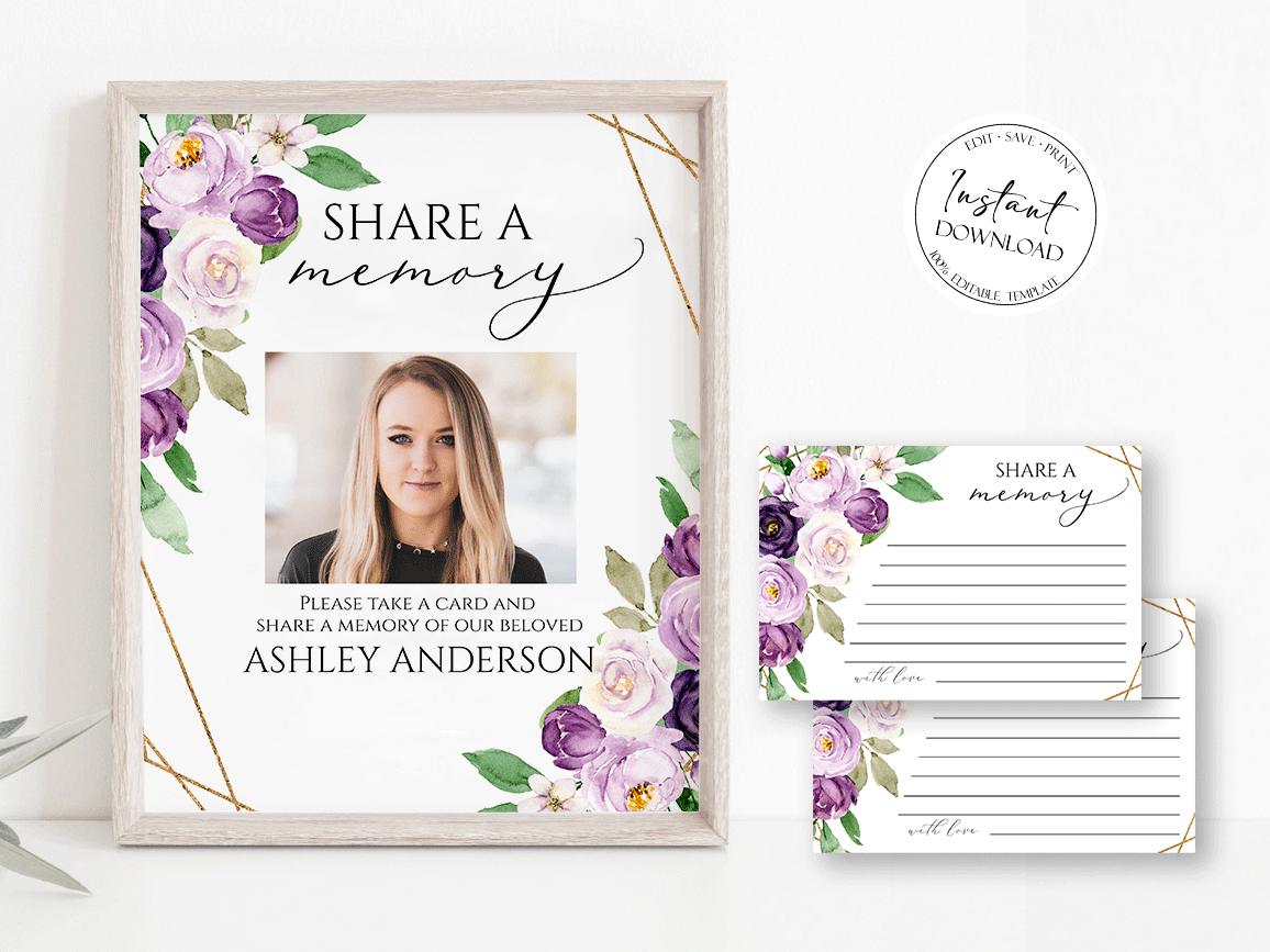 Share a Memory Funeral Sign, Share a Memory Card, Purple Funeral Memory Card, Editable Funeral share a memory template, Funeral Template P1