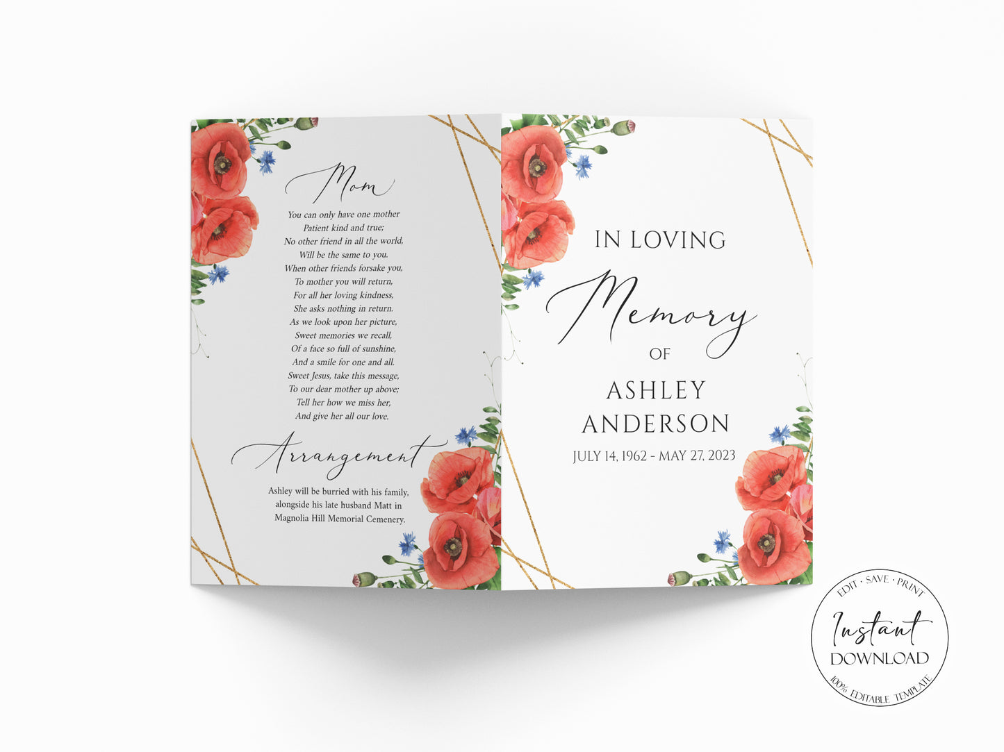 In Loving Memory of Red Poppies Greenery Funeral Program Template, Red Poppies Funeral Program Template, Red Poppies Memorial Program, Obituary Program