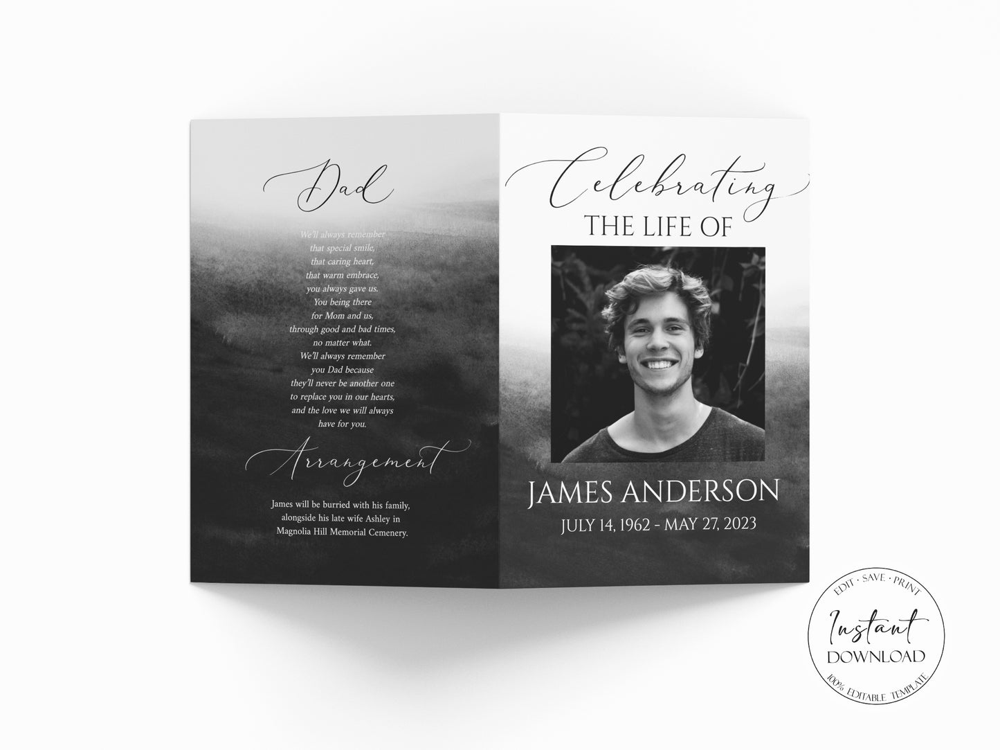Celebration of Life Black Watercolor Funeral Program Template, Black Watercolor Funeral Brochure, Black Memorial Program, Black Obituary Program for men B6