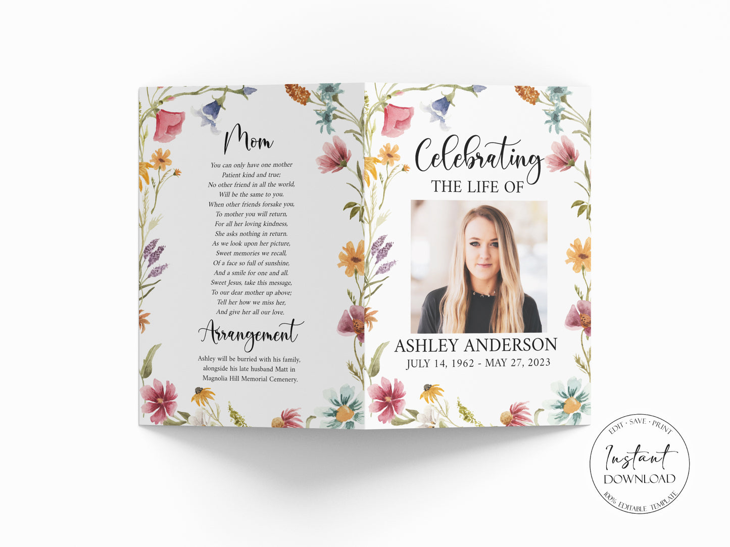 11x17 Celebration of life Red Greenery Wildflower Meadow Funeral Program Template Wildflower Funeral Program Template, Wildflower Memorial Program