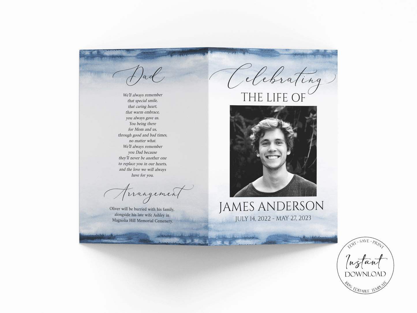 11x17 Celebration of Life Funeral Program Template, Blue Watercolor Funeral Brochure, Blue Memorial Program, Obituary Program for men B4