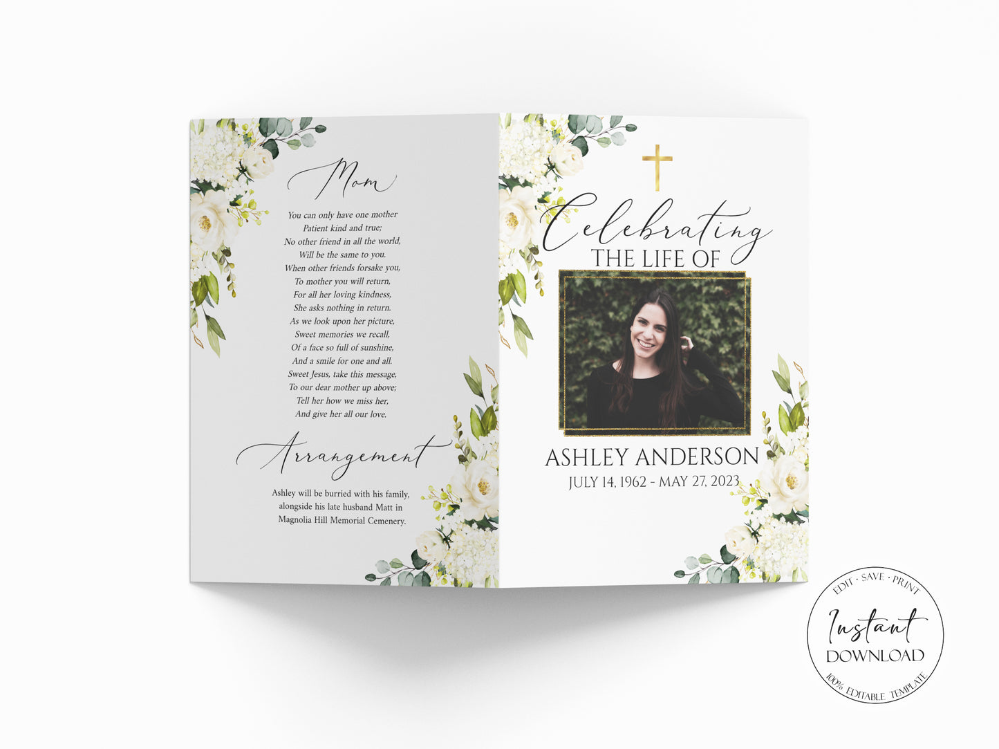 11x17 Celebration of Life White Greenery Floral Gold Cross Funeral Program Template, White Greenery Funeral Memorial Program, Printable Gold Cross Funeral Program for woman