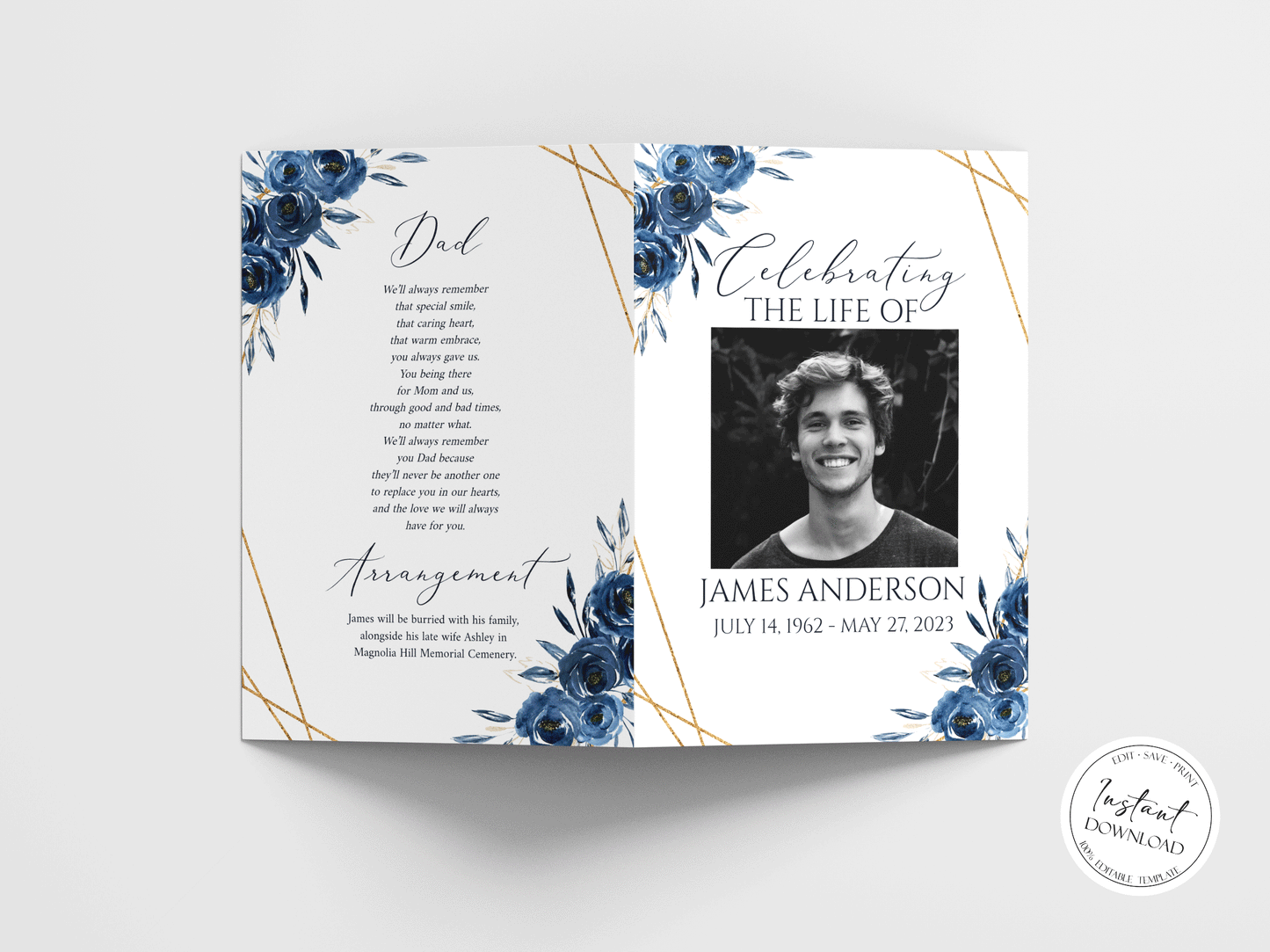 11x17 Celebration Of Life Royal Blue Flowers Gold Funeral Program Template, Blue Funeral Brochure, Blue Memorial Program, Obituary Program, Funeral program template for man B2