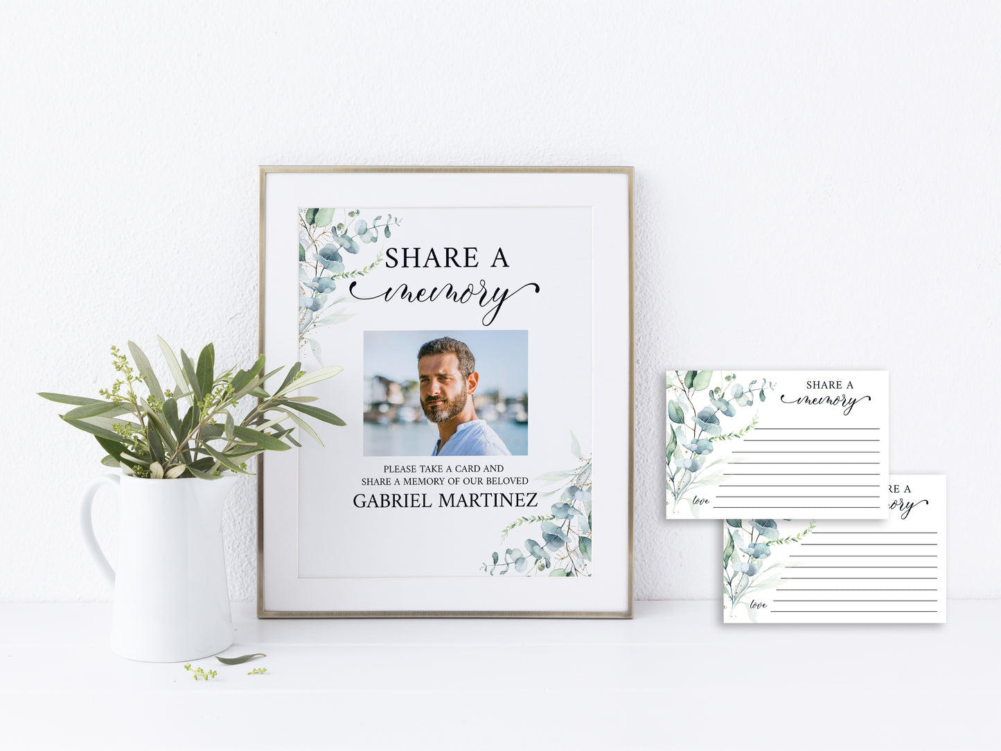 Watercolor Greenery Gold Share a Memory Funeral Sign Share a Memory Card Template Greenery Funeral Memory Card, Editable Greenery Funeral Share a Memory Cards G1