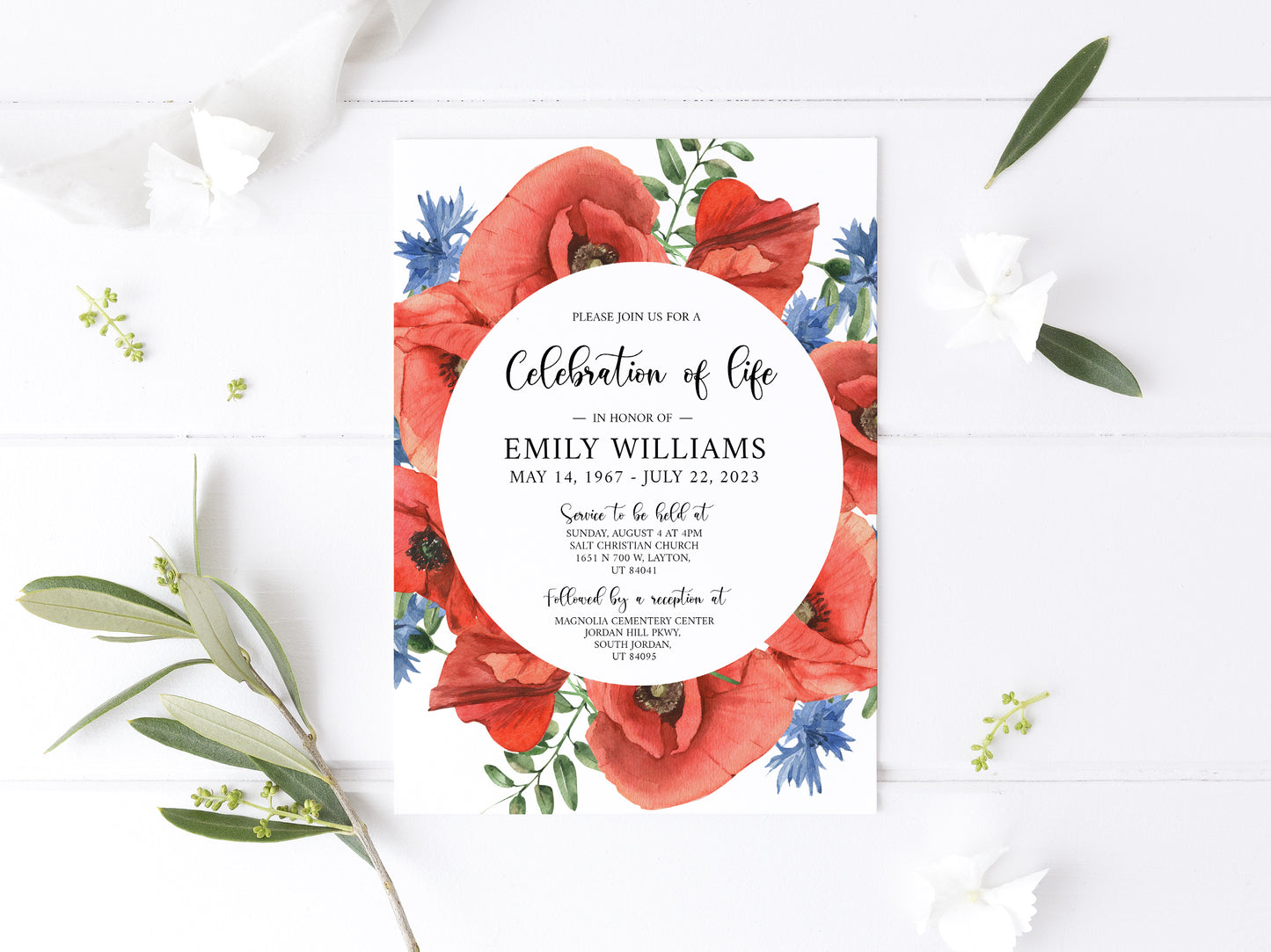 Celebration of life Red Poppies Greenery Funeral Invitation Template, Red Poppies Funeral Invite, Red Poppies Funeral Announcement, Funeral Card Template, Red Poppies Floral Memorial Service Invitation