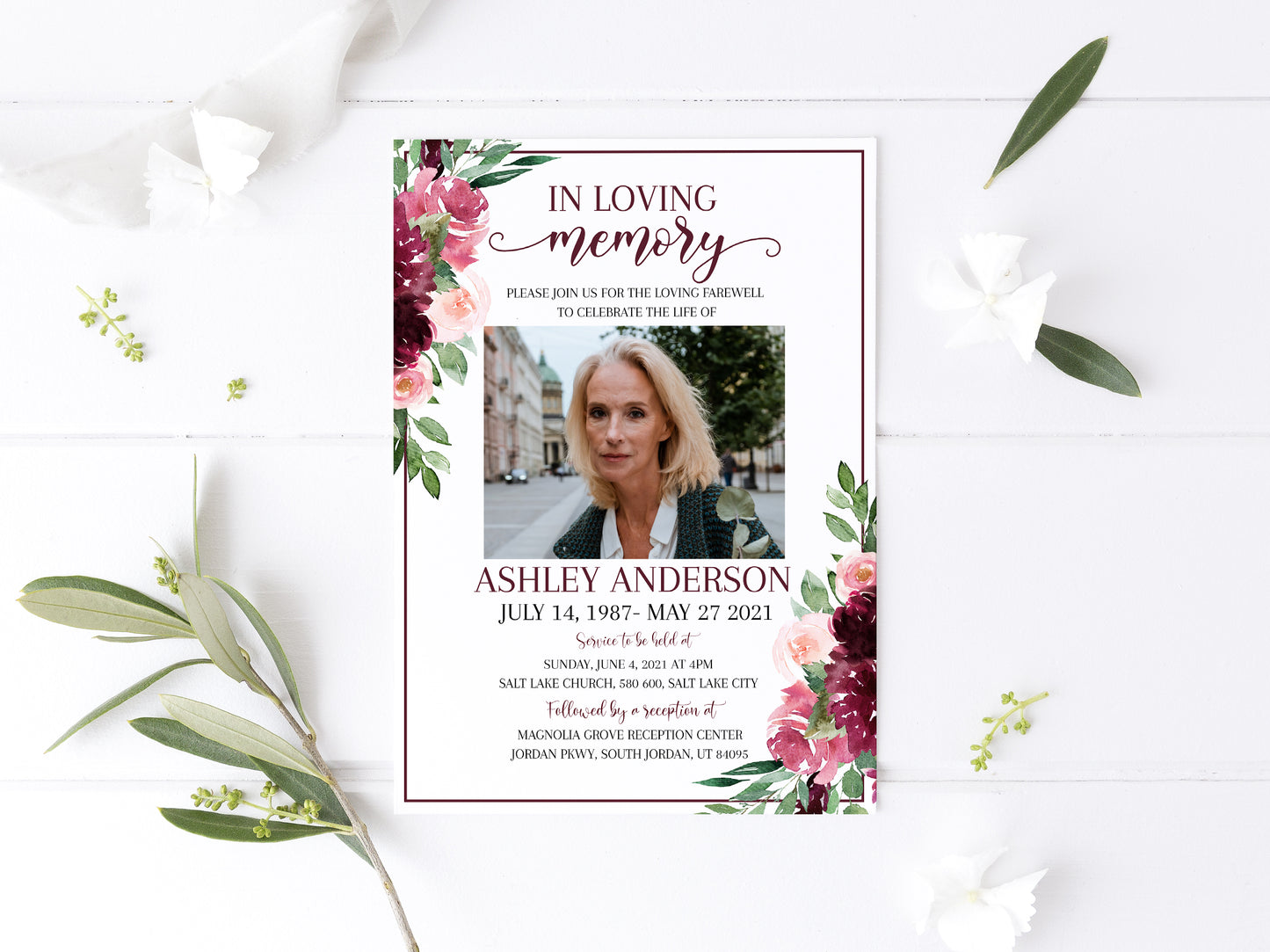 Celebration of life, Burgundy Funeral Invitation, Funeral Announcement, Red Roses Funeral Cards, Printable Red Roses Memorial Invitation, R3