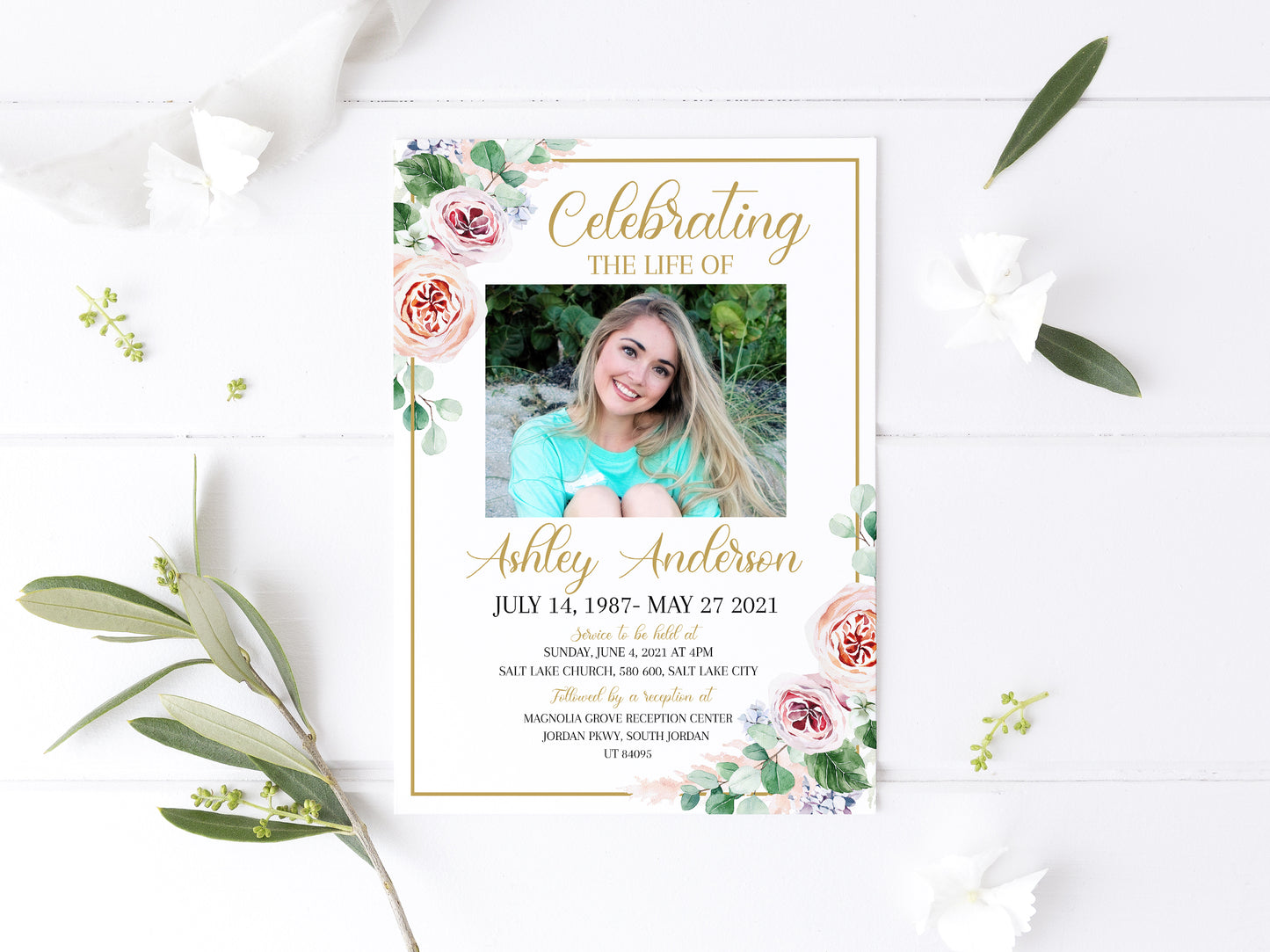 Celebration of life Funeral Invitation, Floral Funeral Invite, Pink Roses Funeral Announcement Funeral Card Printable Memorial Invitation F1