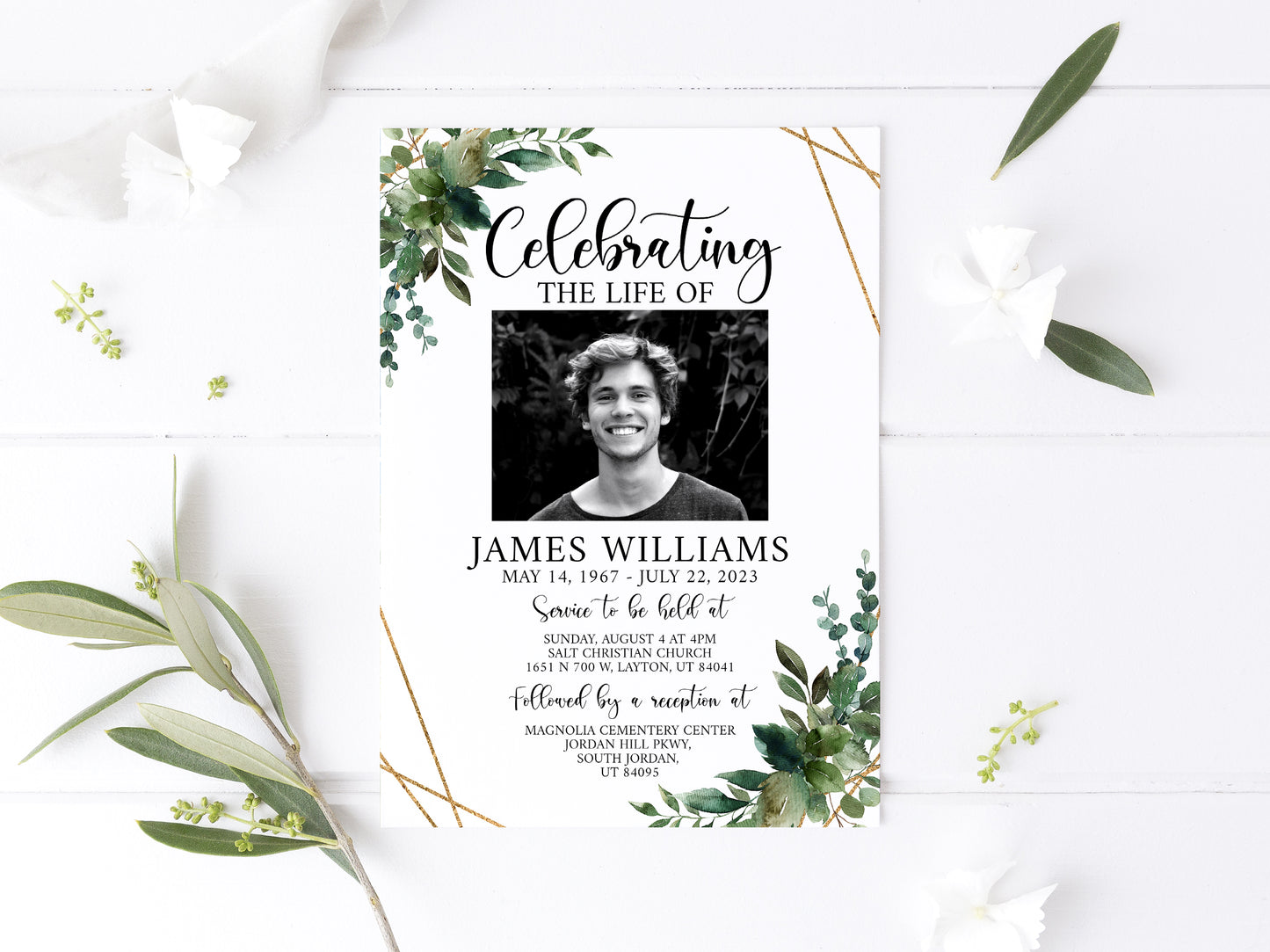Celebration of life Watercolor Greenery Gold Funeral Invitation Template, Funeral Announcement, Funeral Cards Template, Printable Greenery Memorial Invitation Q1