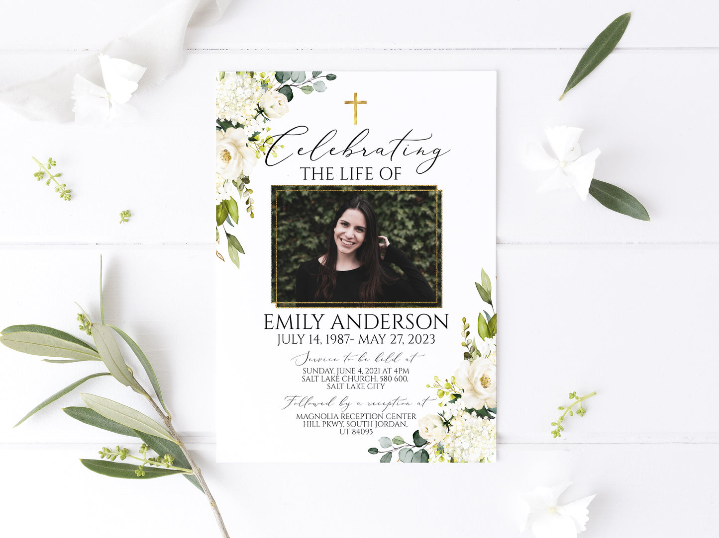 Celebration of life White Greenery Floral Gold Cross Funeral Invitation Template, Funeral Announcement, Printable White Greenery Floral Gold Cross Memorial Service Invitation