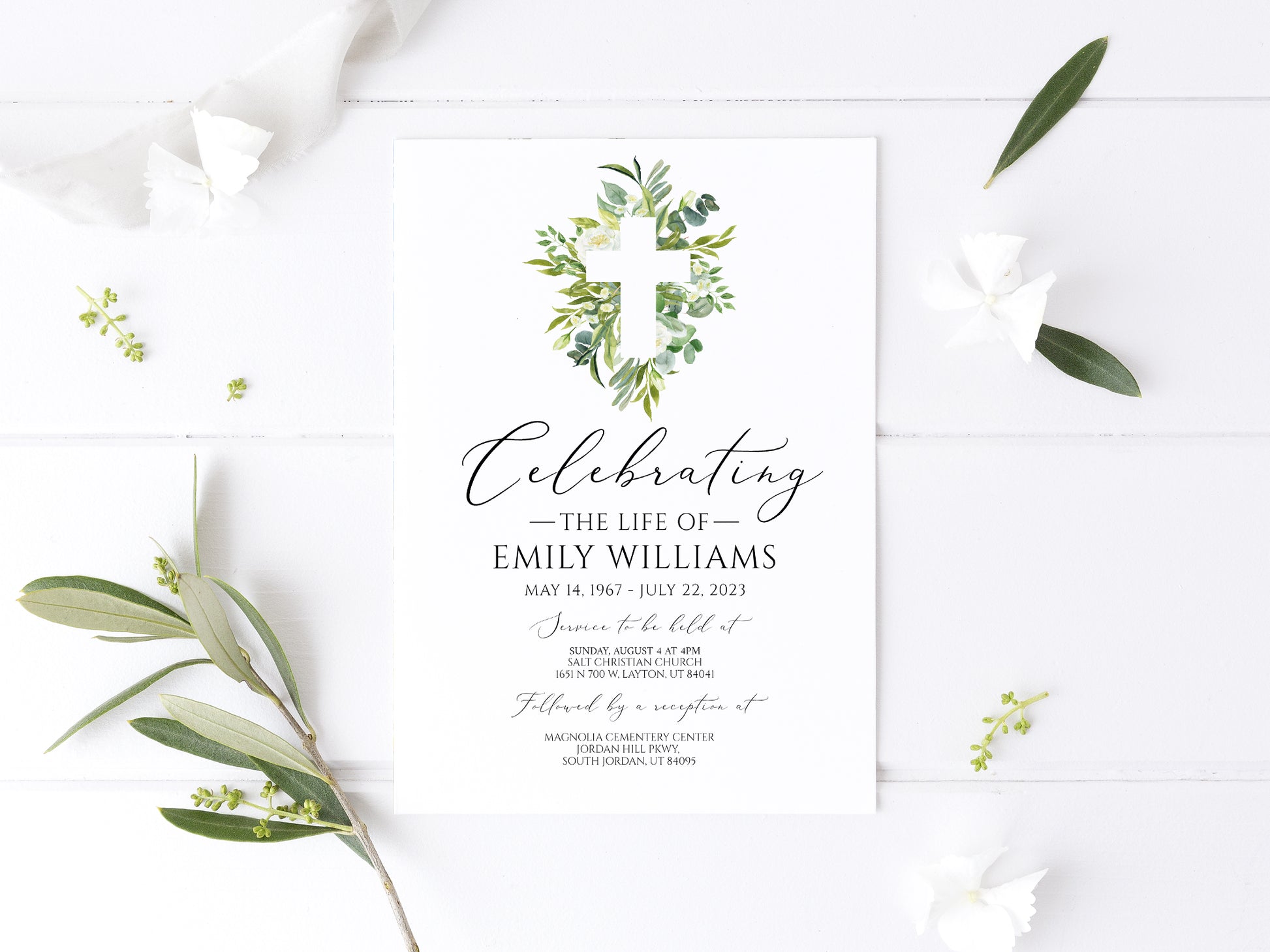Celebration of life Watercolor Greenery Cross Funeral Invitation Template, Greenery Cross Funeral Invitation, Watercolor Greenery Cross Funeral Announcement Card