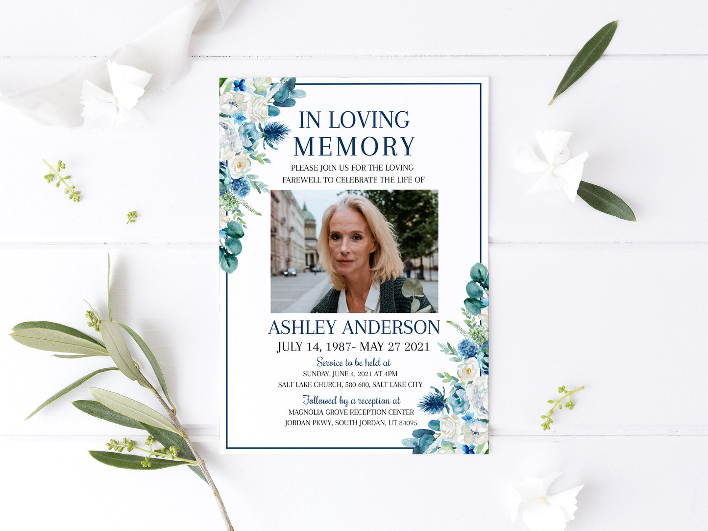 In Loving Memory Blue White Floral Funeral Invitation Template Blue Floral Funeral Announcement, Blue Funeral Card Template, Printable Memorial Service B1