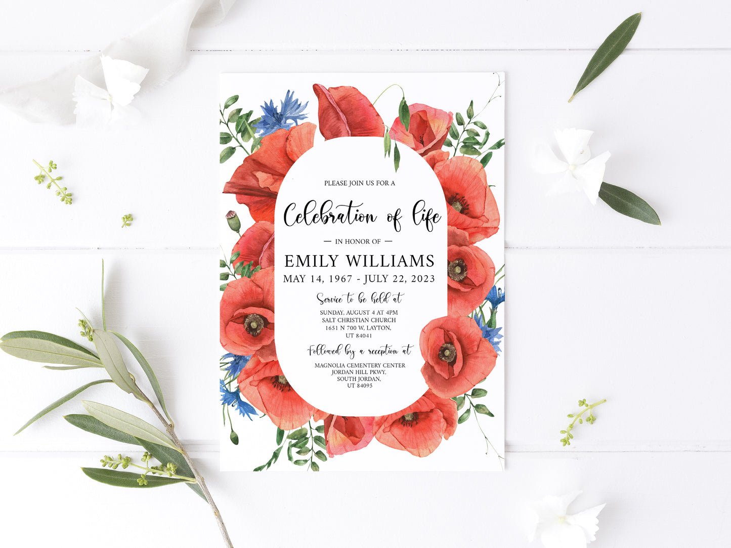 Celebration of life Red Poppies Greenery Funeral Invitation Template, Red Poppies Funeral Invite, Red Poppies Funeral Announcement, Funeral Card Template, Red Poppies Floral Memorial Service Invitation