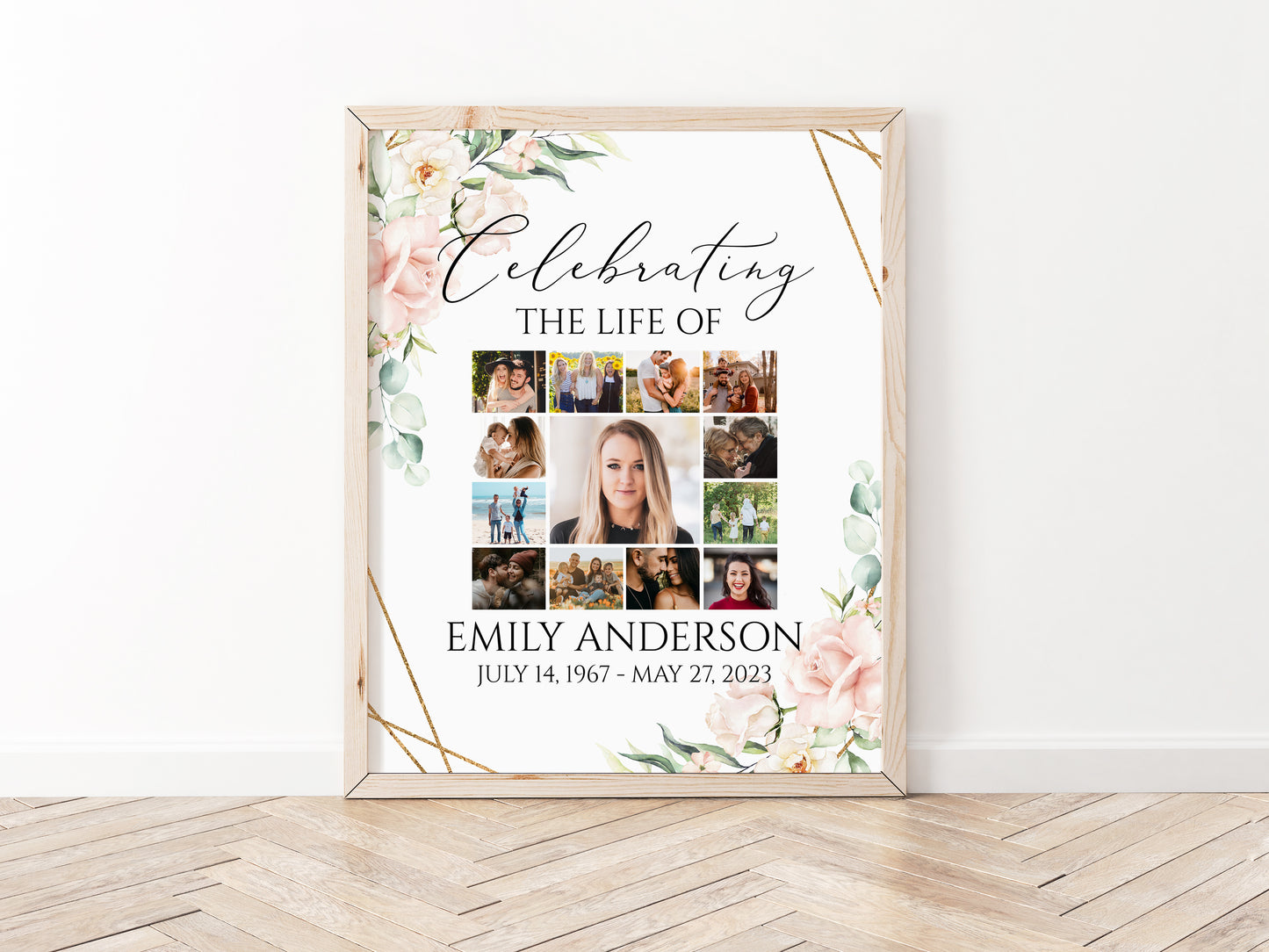Celebration Of Life Photo Collage Funeral Welcome Sign, Blush Pink Flowers Photo Collage Funeral Poster, Photo Collage Memorial Sign P4