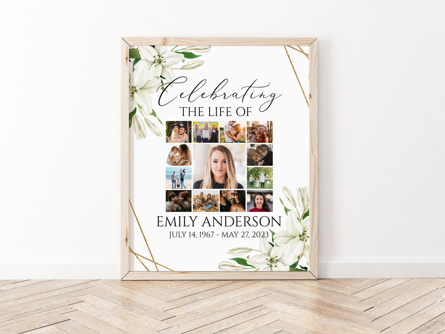 Celebration Of Life White Lilies Greenery Gold Photo Collage Funeral Welcome Sign Template, White Lilies Photo Collage Funeral Poster, Collage Memorial Service Sign